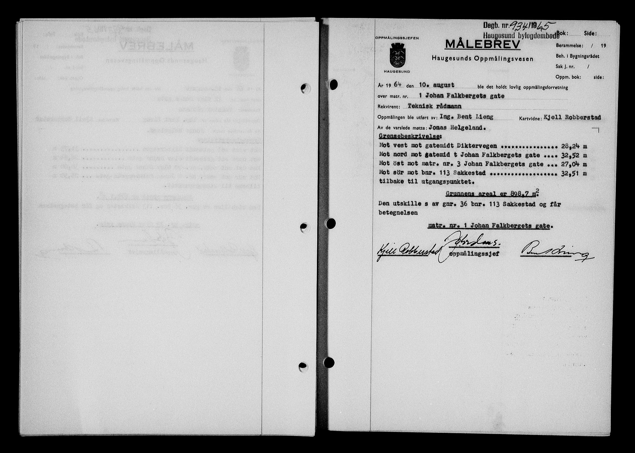 Haugesund tingrett, AV/SAST-A-101415/01/II/IIC/L0075: Mortgage book no. A 16, 1964-1965, Diary no: : 934/1965