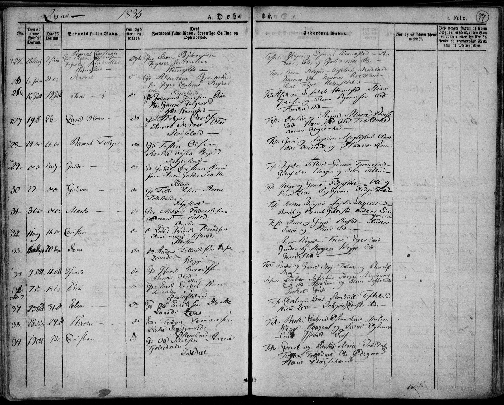 Lyngdal sokneprestkontor, AV/SAK-1111-0029/F/Fa/Fac/L0007: Parish register (official) no. A 7, 1825-1838, p. 97