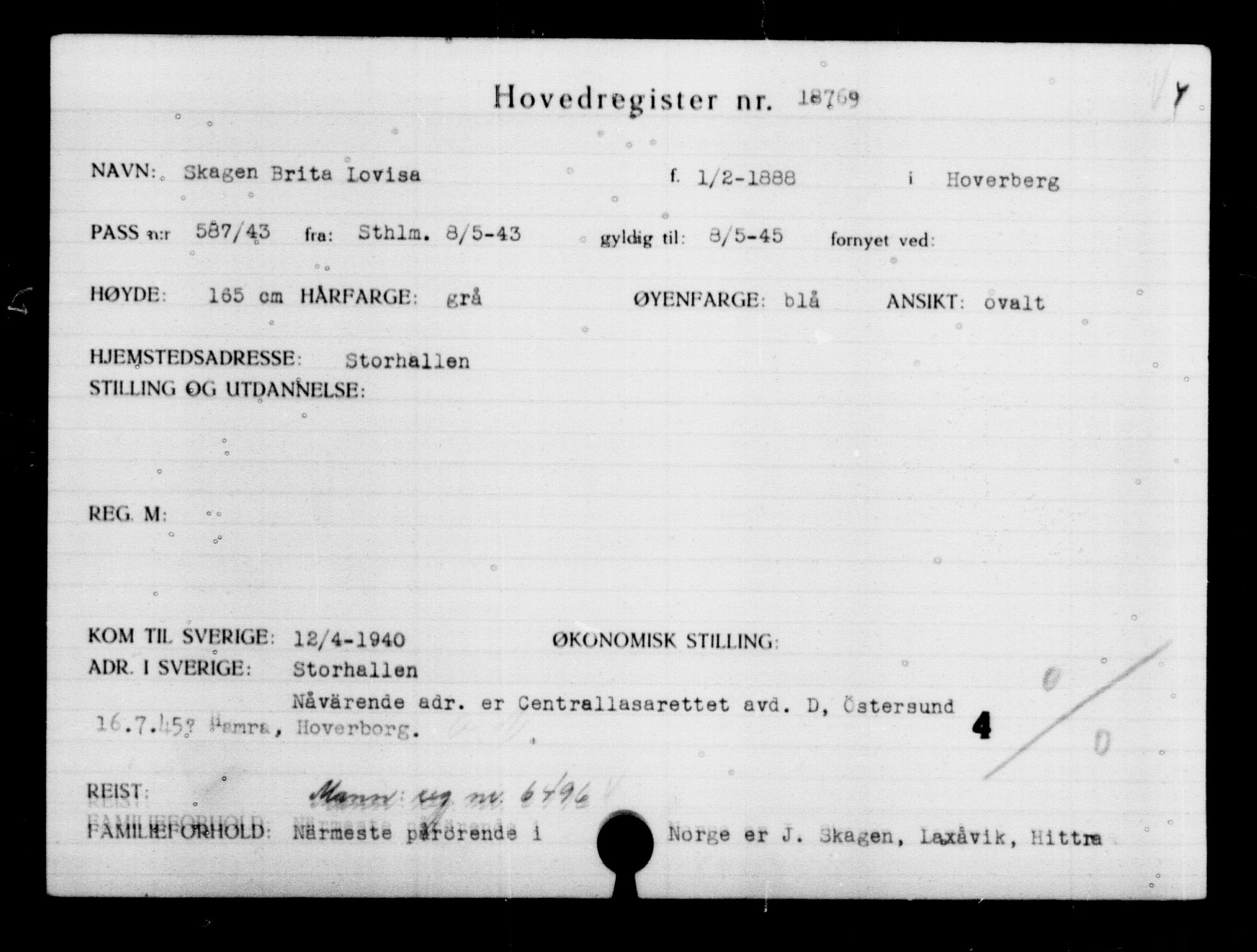 Utenriksstasjonene, Legasjonen i Stockholm, Flyktningkontoret, AV/RA-S-6753/V/Va/L0009: Kjesäterkartoteket, flyktninger med registreringsnr. 18502-22048, 1940-1945, p. 311