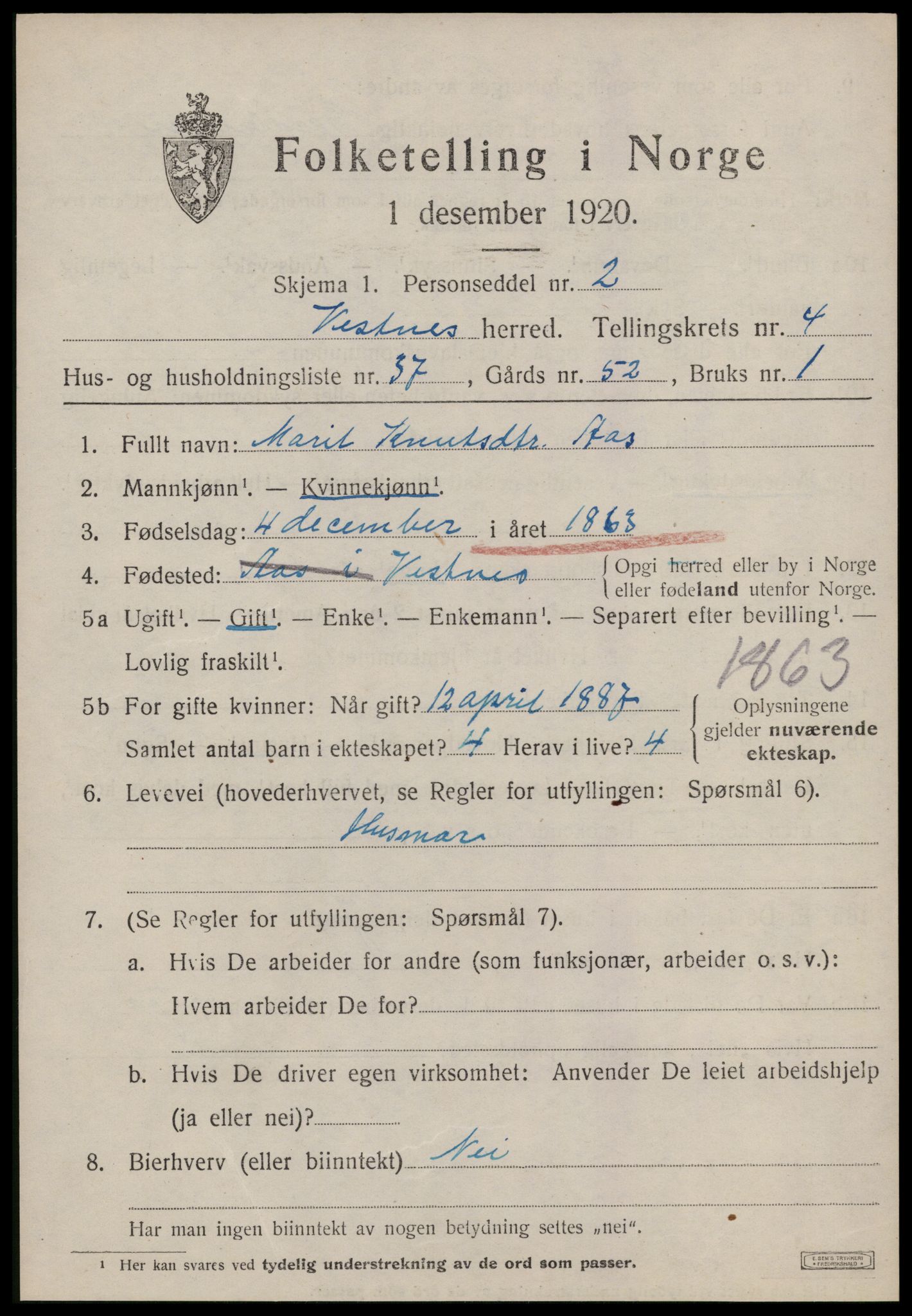 SAT, 1920 census for Vestnes, 1920, p. 3725