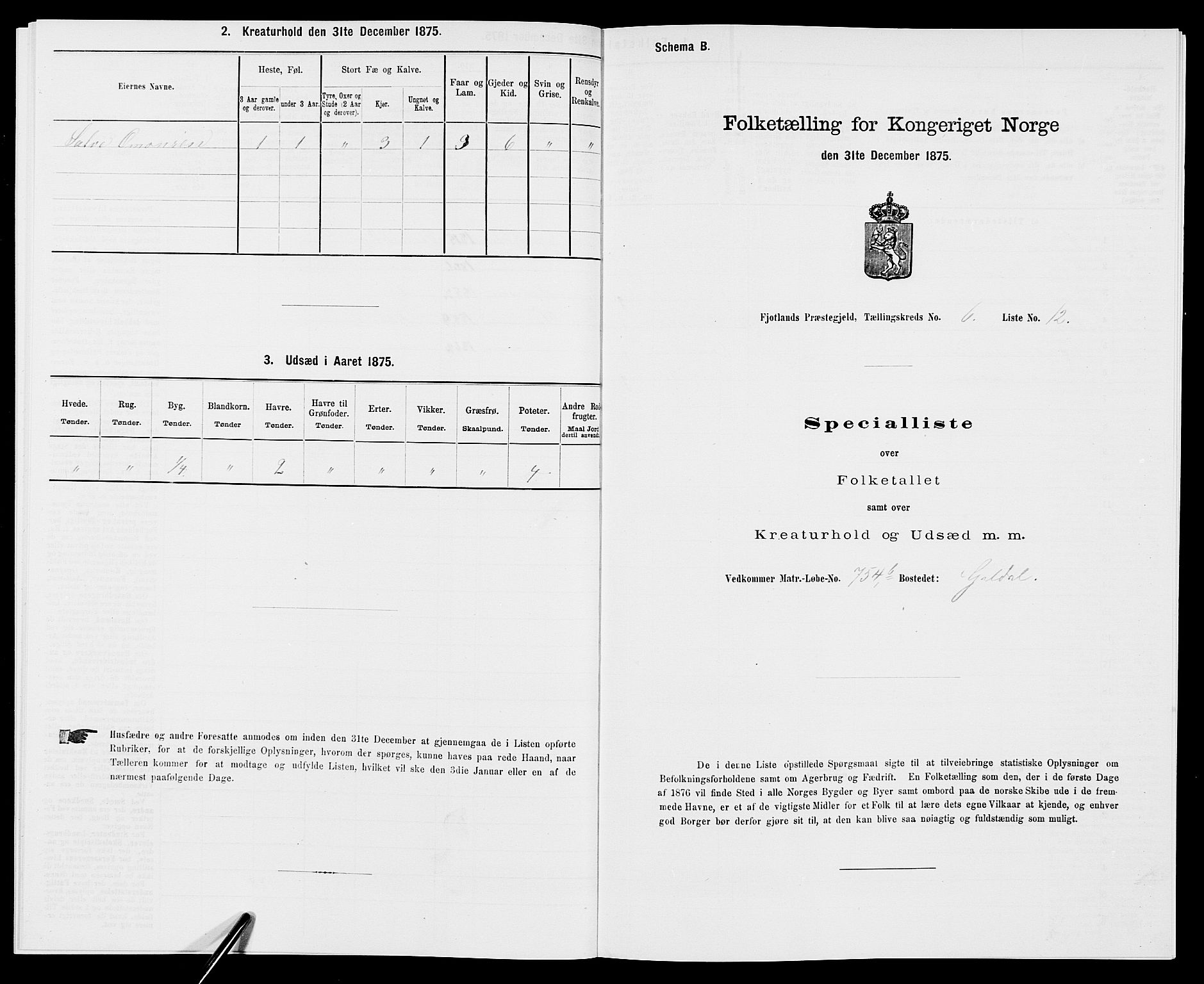 SAK, 1875 census for 1036P Fjotland, 1875, p. 373