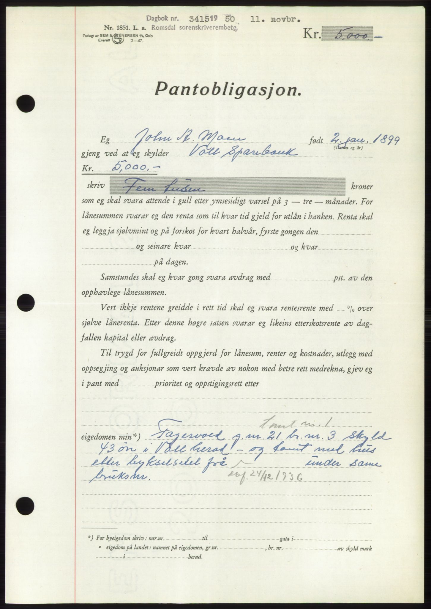 Romsdal sorenskriveri, AV/SAT-A-4149/1/2/2C: Mortgage book no. B5, 1949-1950, Diary no: : 3415/1950