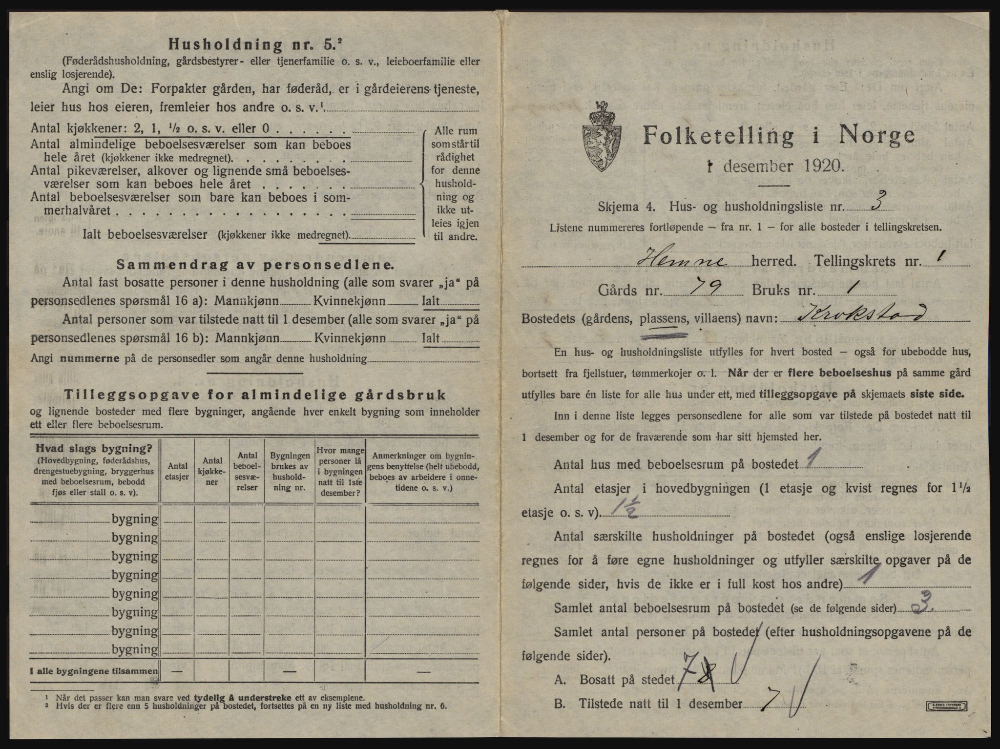 SAT, 1920 census for Hemne, 1920, p. 56