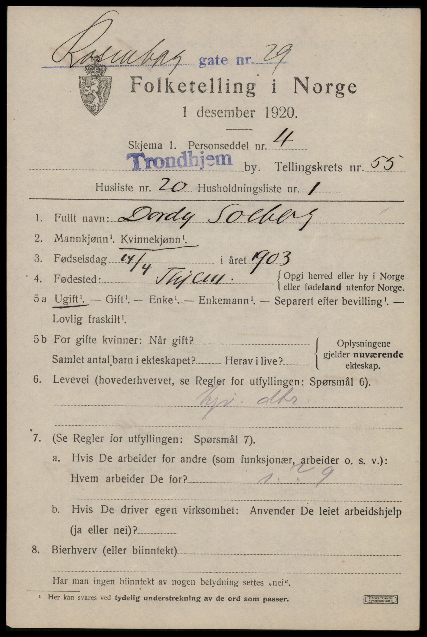 SAT, 1920 census for Trondheim, 1920, p. 112744