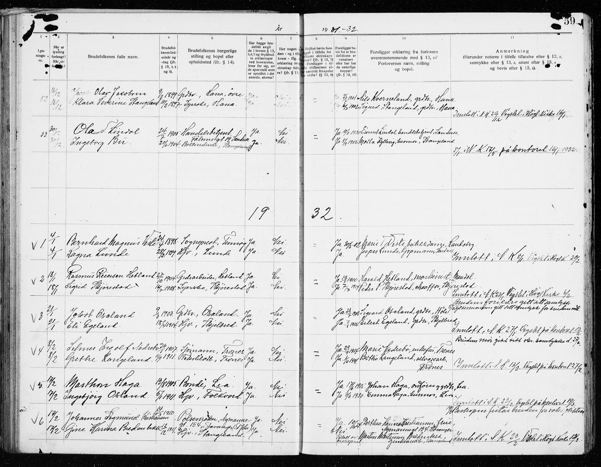 Høyland sokneprestkontor, SAST/A-101799/001/705BA/L0001: Banns register no. 705.BA.1, 1919-1936, p. 59