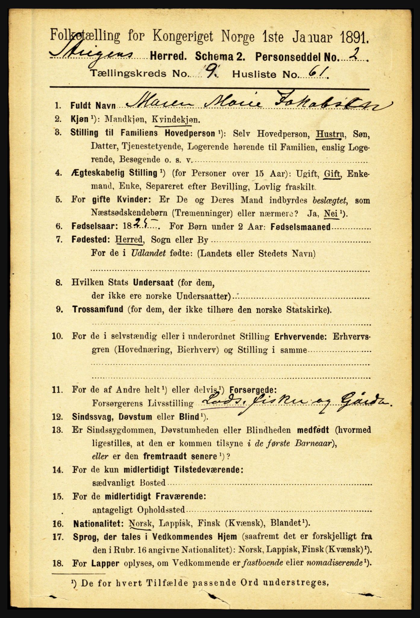 RA, 1891 census for 1848 Steigen, 1891, p. 3394