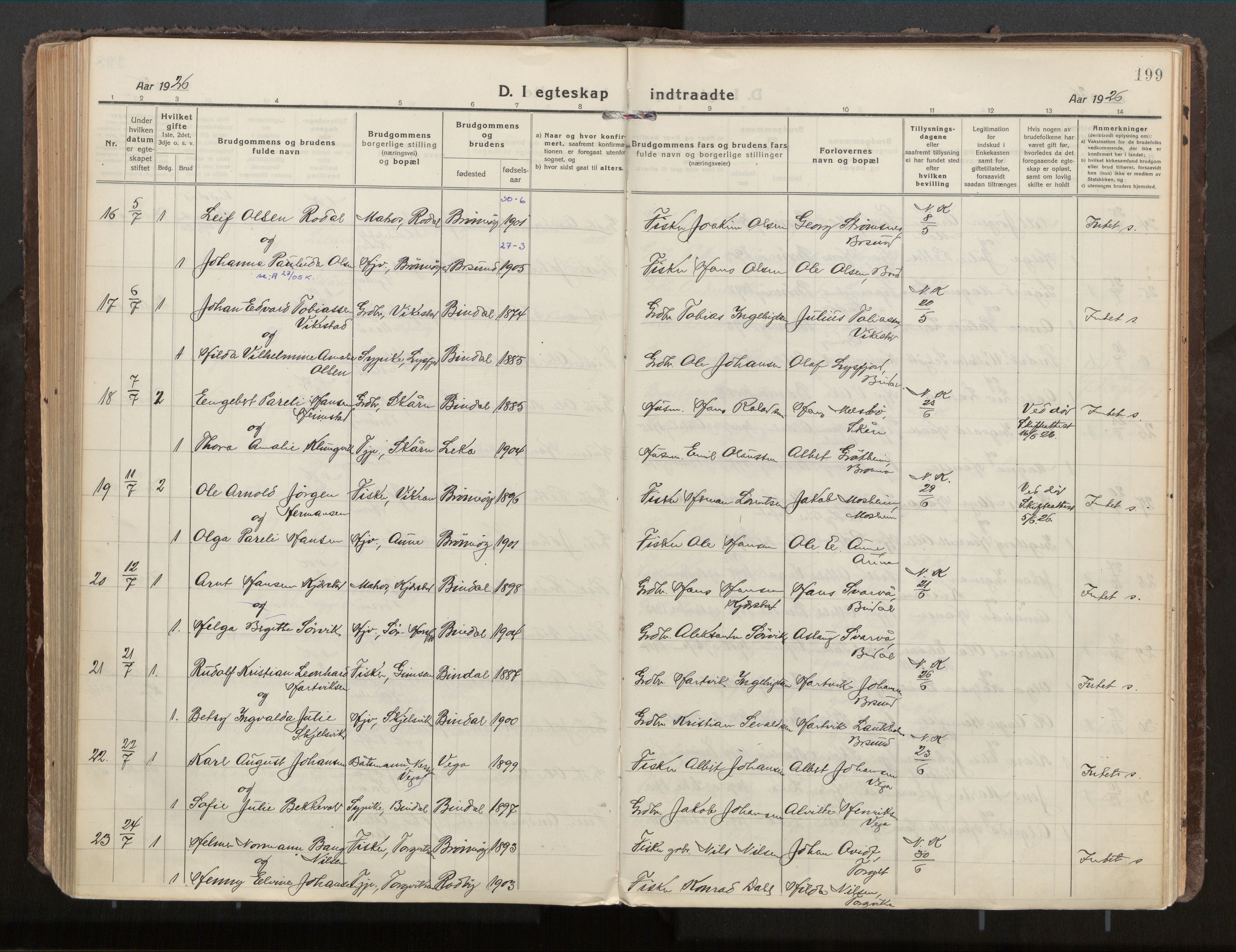 Ministerialprotokoller, klokkerbøker og fødselsregistre - Nordland, SAT/A-1459/813/L0207a: Parish register (official) no. 813A18, 1919-1927, p. 199