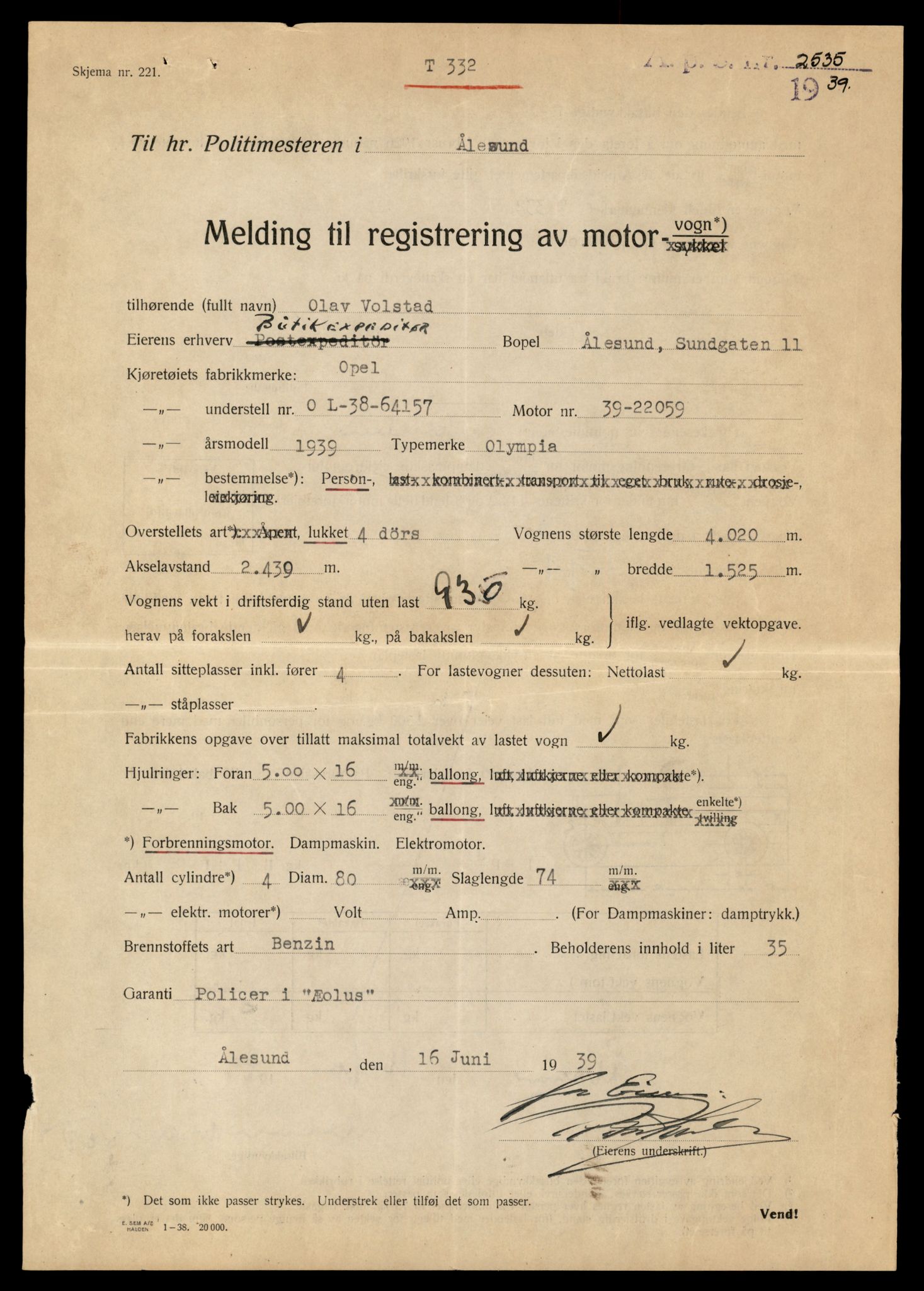 Møre og Romsdal vegkontor - Ålesund trafikkstasjon, SAT/A-4099/F/Fe/L0003: Registreringskort for kjøretøy T 232 - T 340, 1927-1998, p. 2594