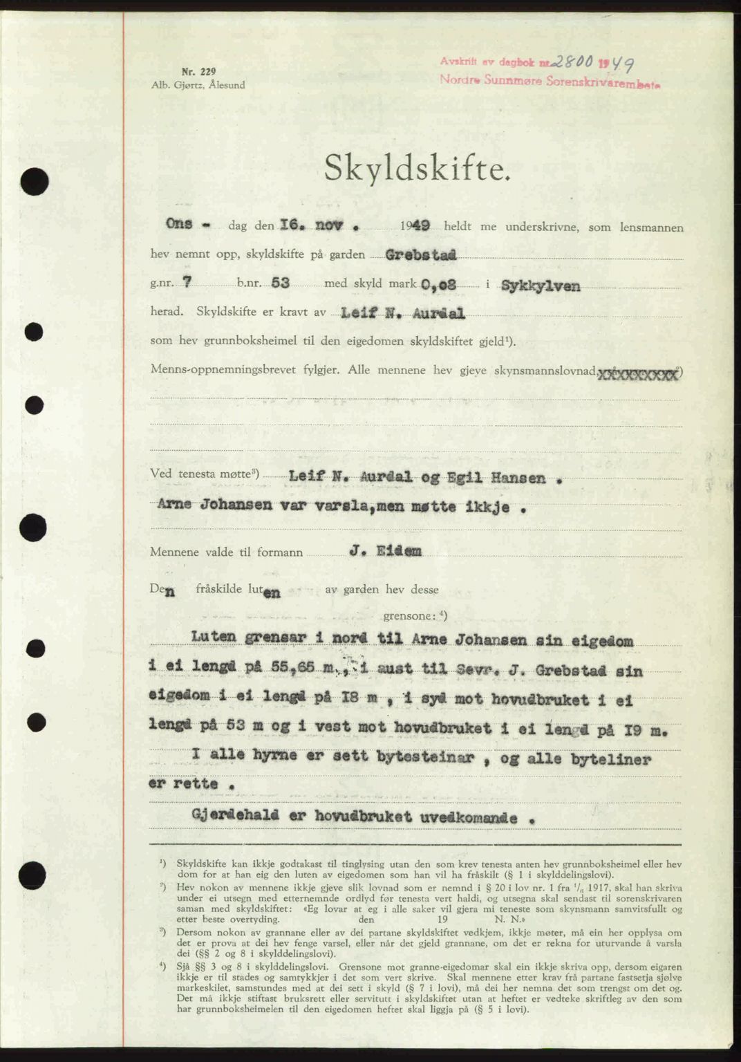 Nordre Sunnmøre sorenskriveri, AV/SAT-A-0006/1/2/2C/2Ca: Mortgage book no. A33, 1949-1950, Diary no: : 2800/1949