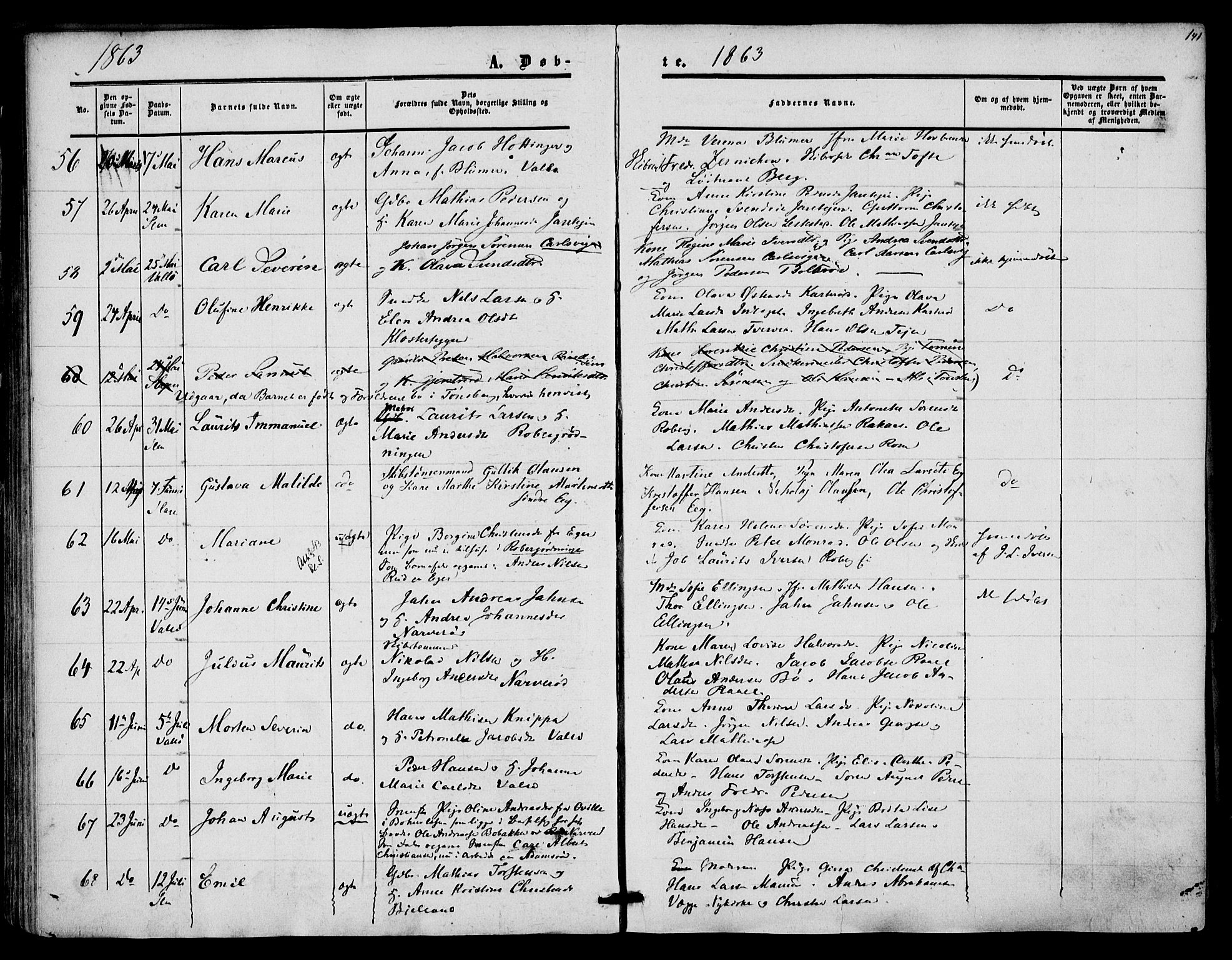 Sem kirkebøker, SAKO/A-5/F/Fa/L0007: Parish register (official) no. I 7, 1856-1865, p. 141