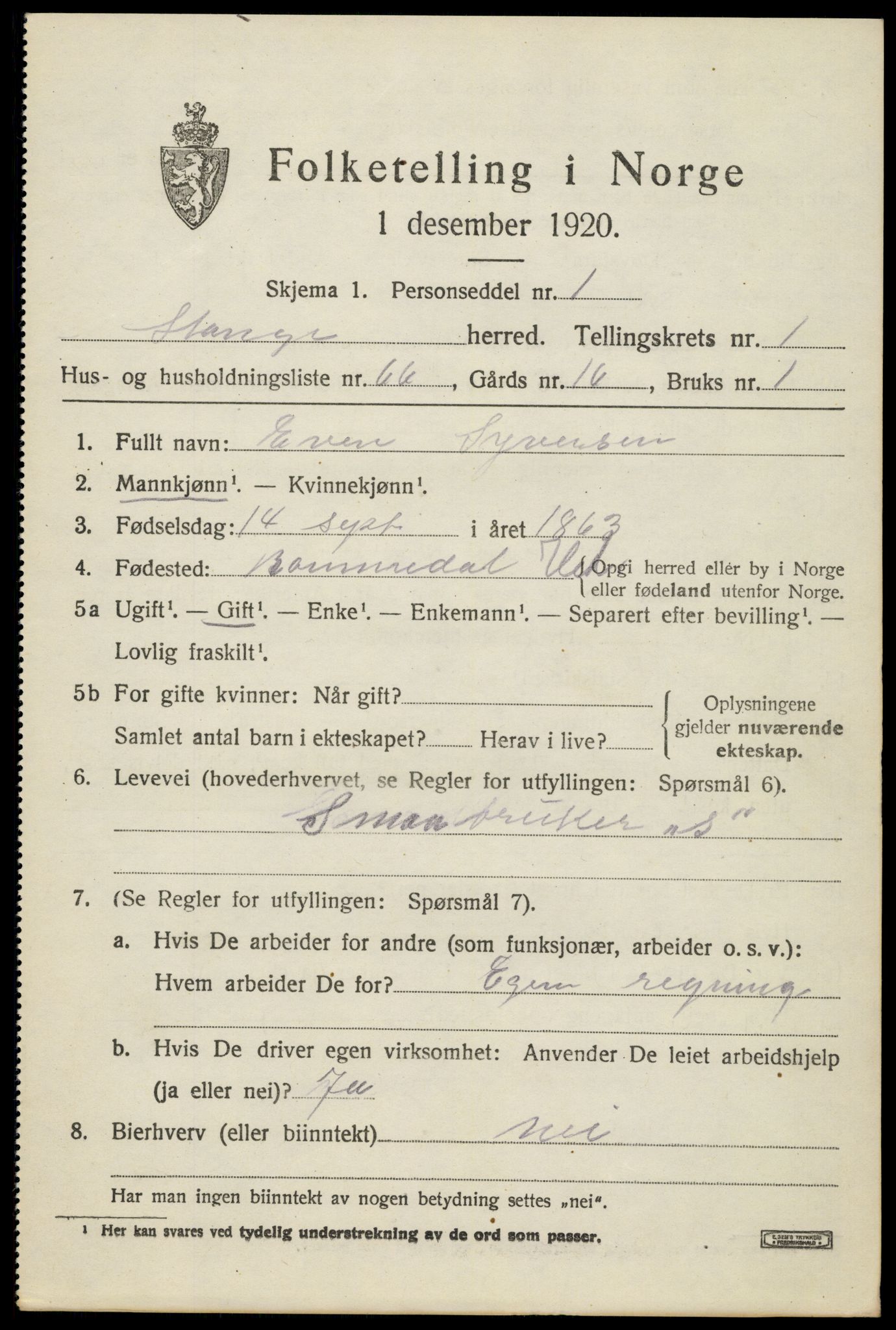 SAH, 1920 census for Stange, 1920, p. 3695