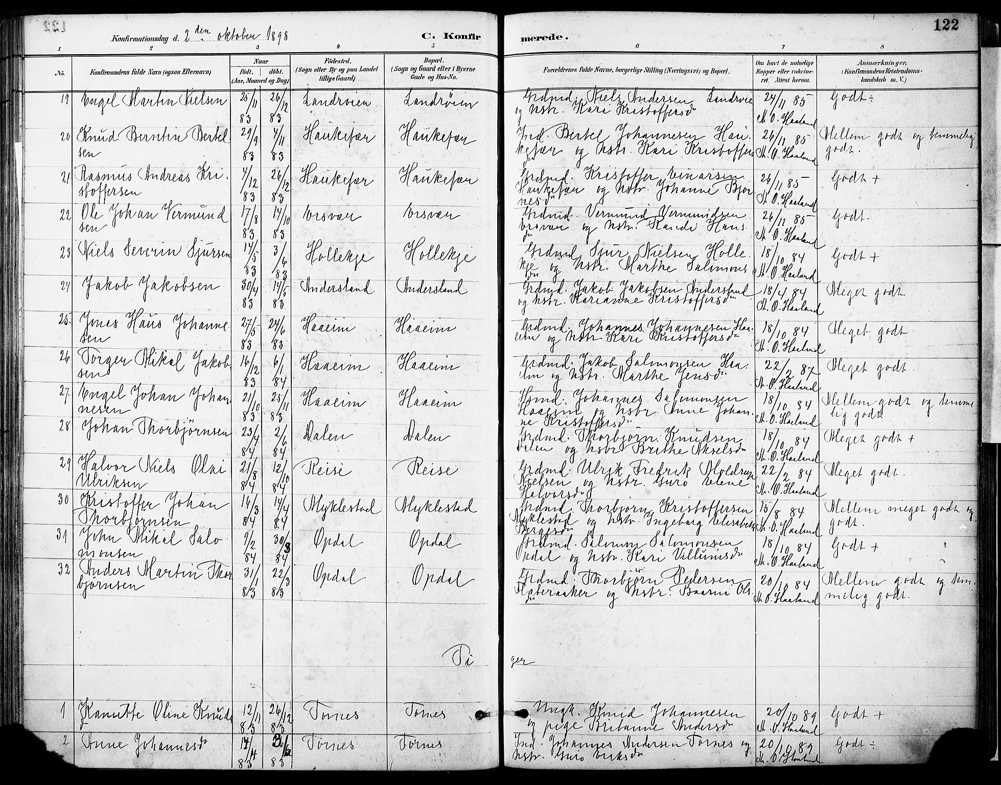 Tysnes sokneprestembete, SAB/A-78601/H/Haa: Parish register (official) no. D 1, 1887-1904, p. 122