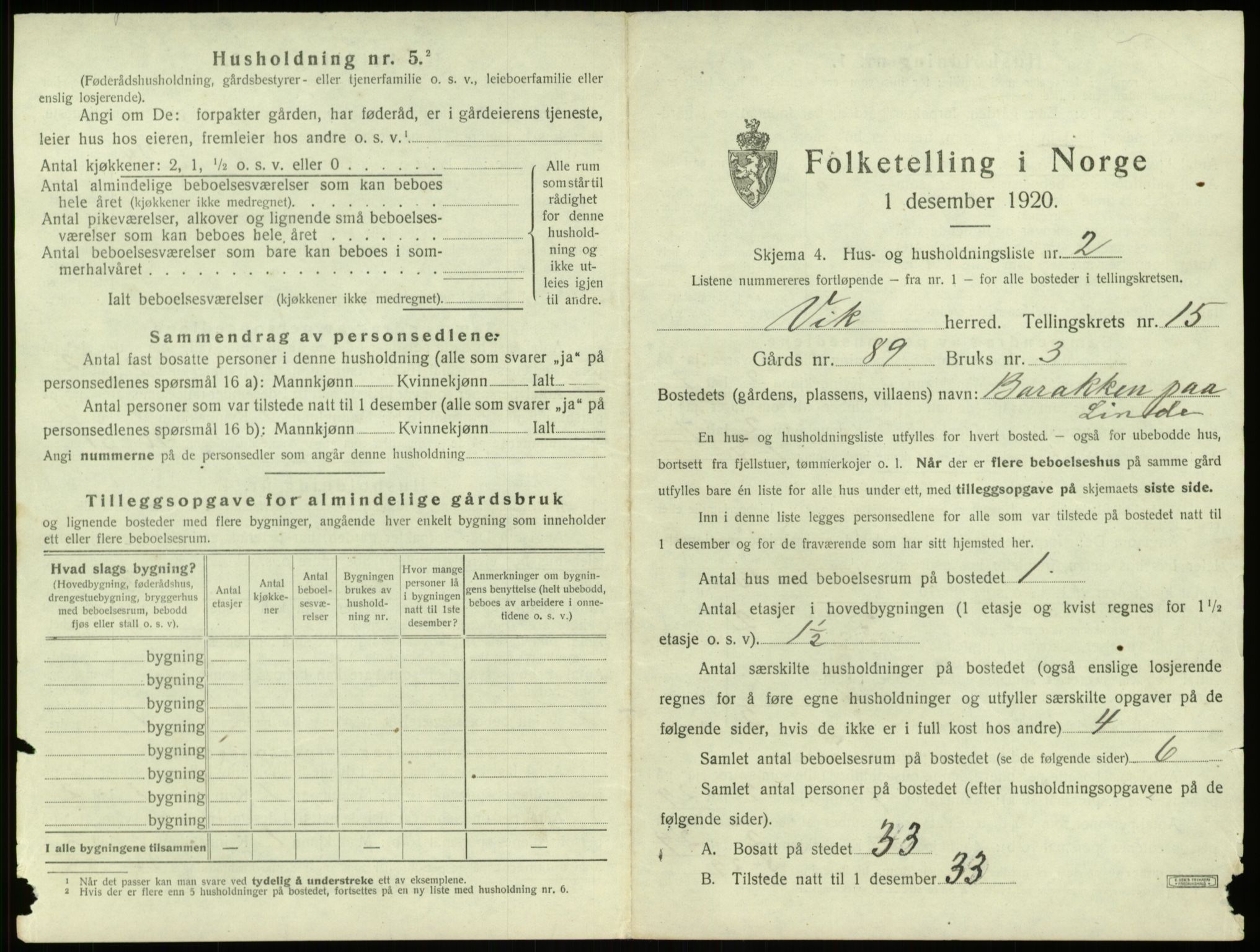 SAB, 1920 census for Vik, 1920, p. 1242