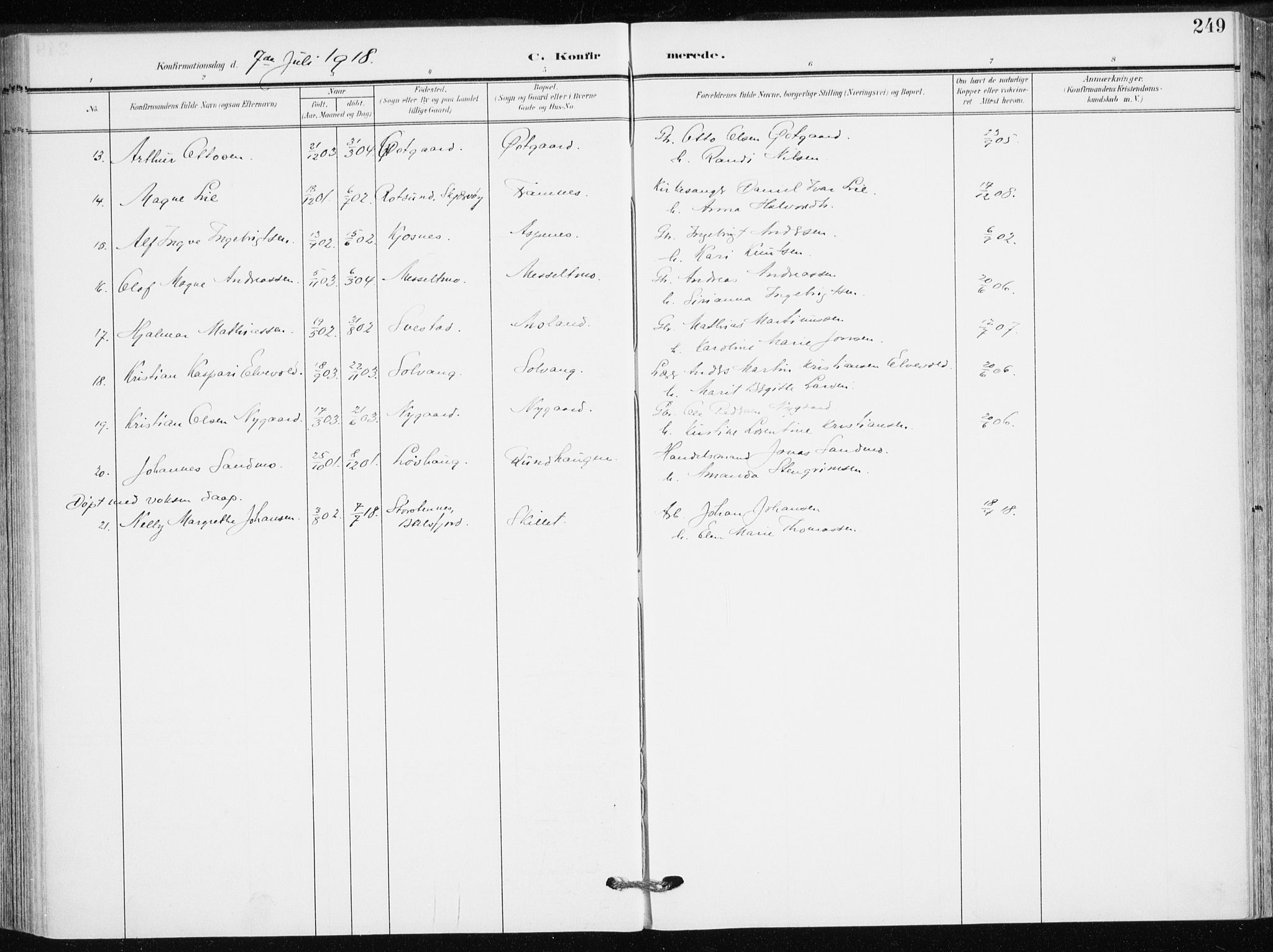 Målselv sokneprestembete, AV/SATØ-S-1311/G/Ga/Gaa/L0011kirke: Parish register (official) no. 11, 1904-1918, p. 249