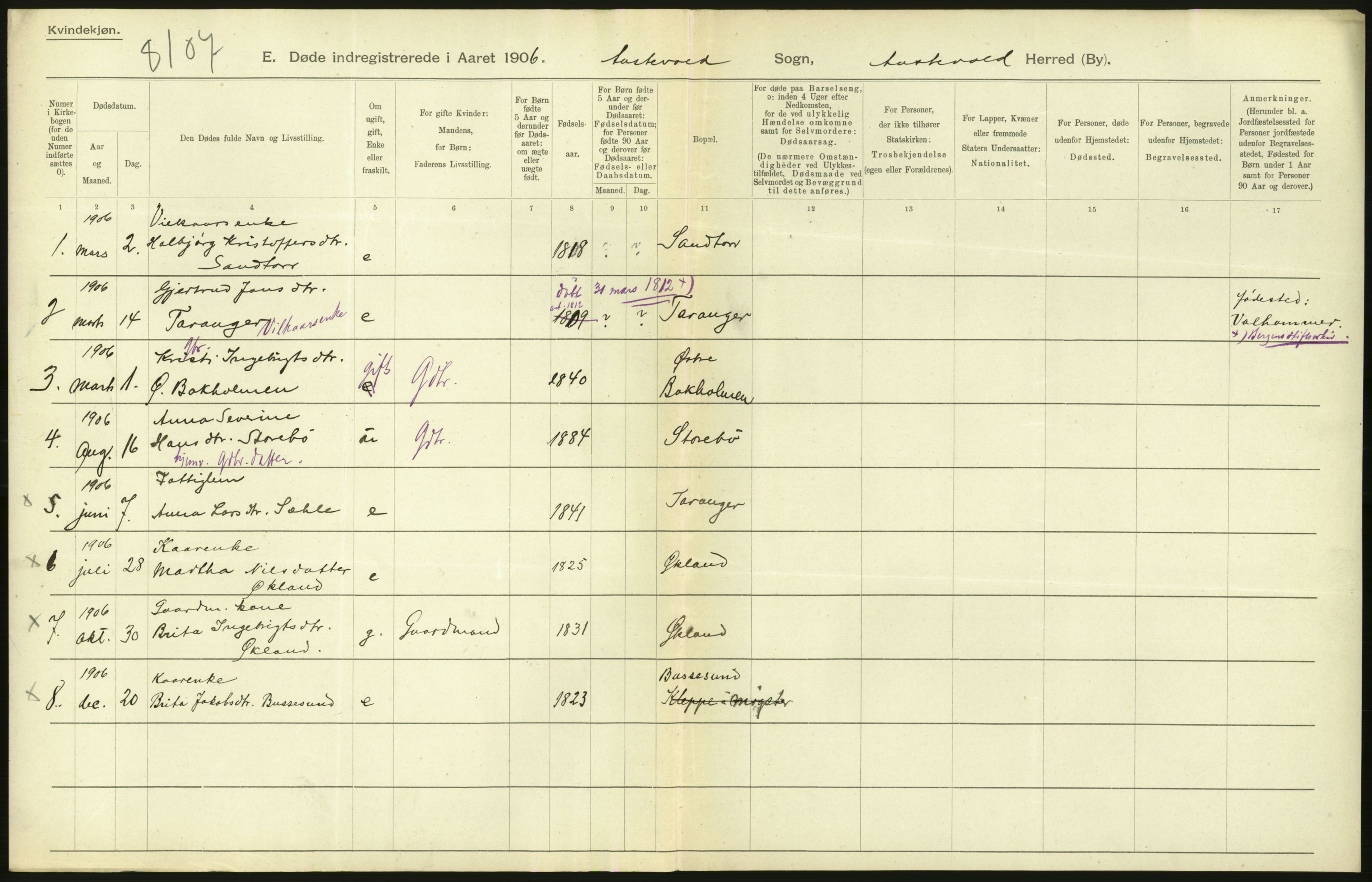 Statistisk sentralbyrå, Sosiodemografiske emner, Befolkning, AV/RA-S-2228/D/Df/Dfa/Dfad/L0030: S. Bergenhus amt: Døde. Bygder., 1906, p. 52