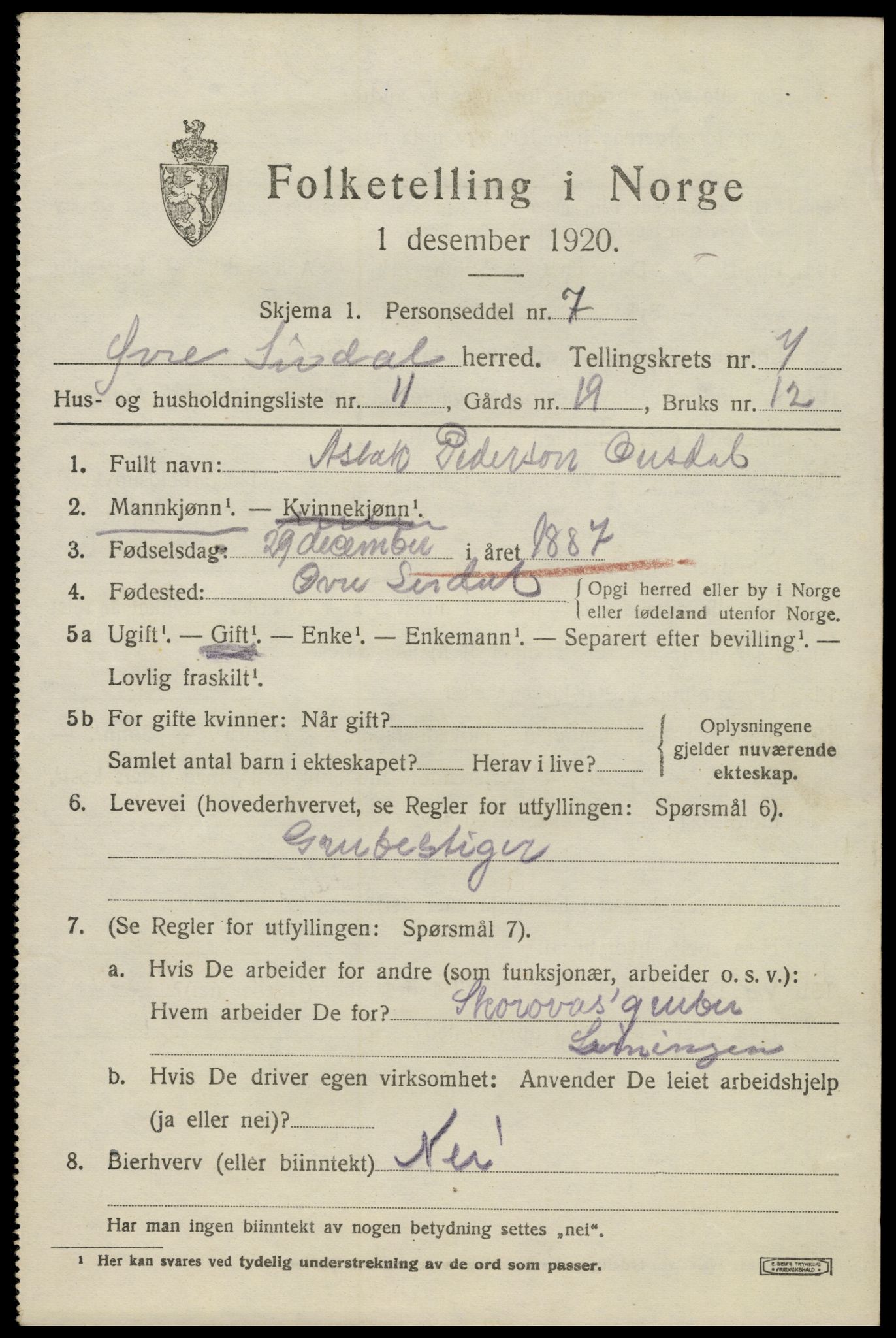 SAK, 1920 census for Øvre Sirdal, 1920, p. 1309