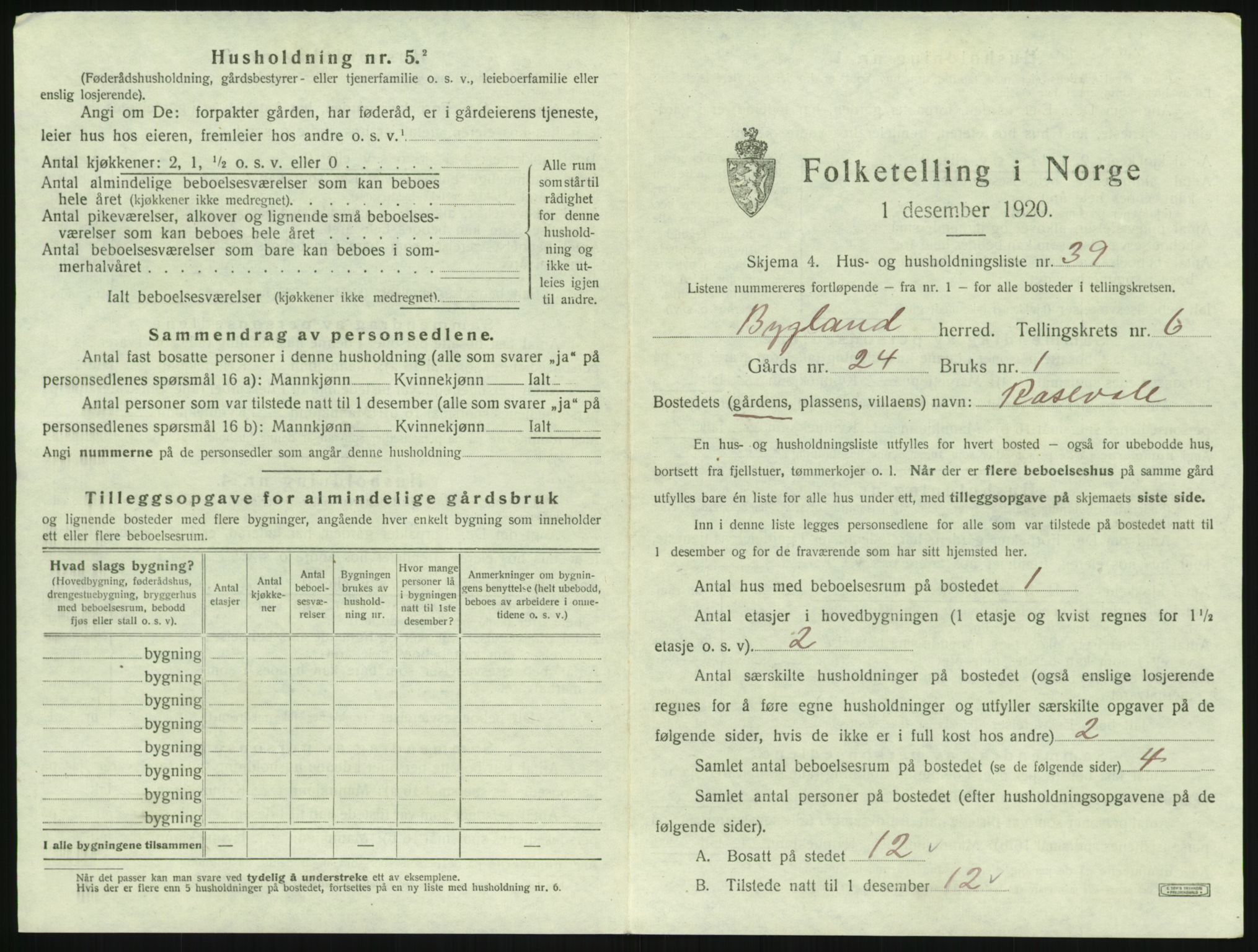 SAK, 1920 census for Bygland, 1920, p. 357