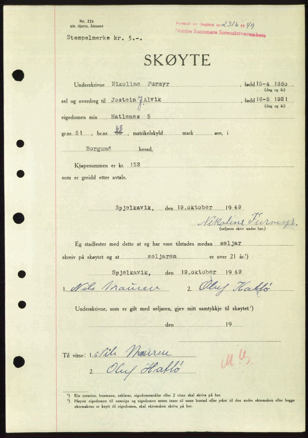 Nordre Sunnmøre sorenskriveri, AV/SAT-A-0006/1/2/2C/2Ca: Mortgage book no. A32, 1949-1949, Diary no: : 2316/1949