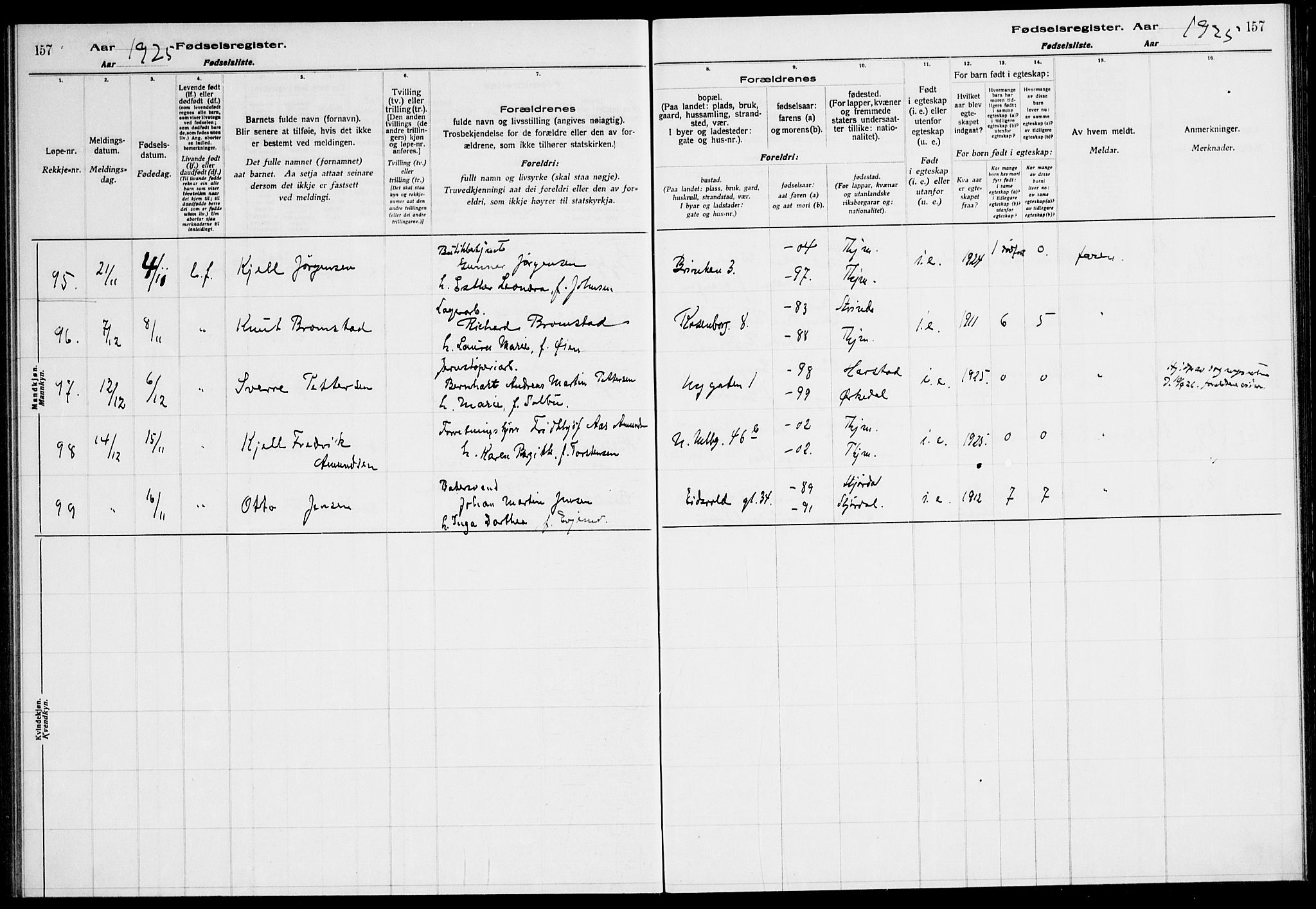 Ministerialprotokoller, klokkerbøker og fødselsregistre - Sør-Trøndelag, AV/SAT-A-1456/604/L0233: Birth register no. 604.II.4.2, 1920-1928, p. 157