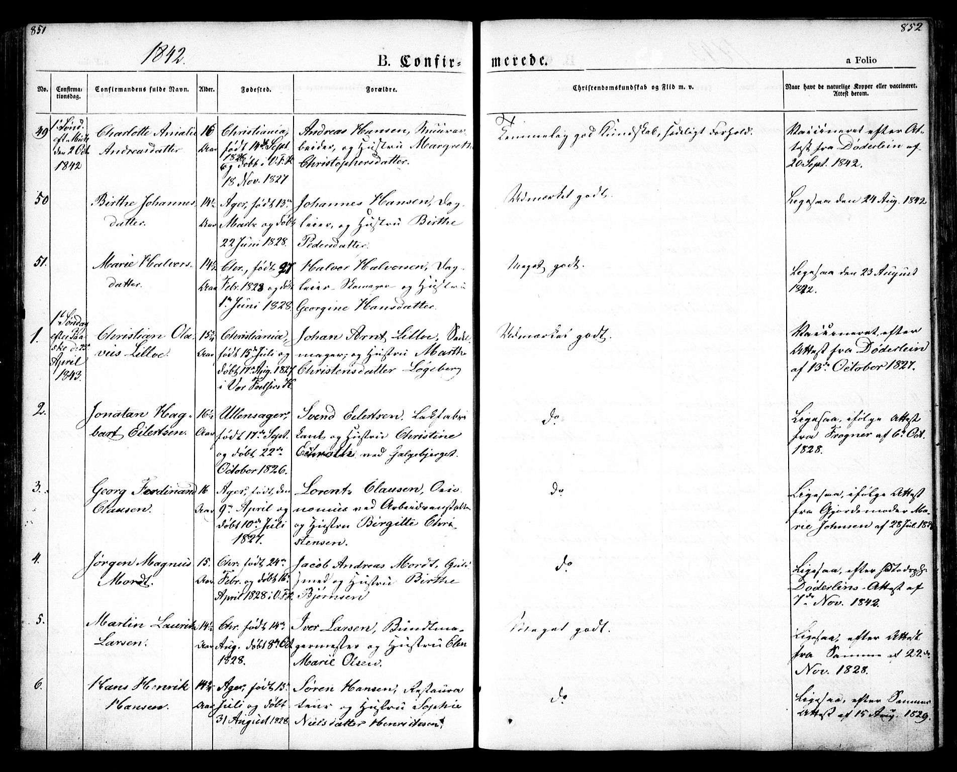 Oslo domkirke Kirkebøker, SAO/A-10752/F/Fa/L0012: Parish register (official) no. 12, 1837-1845, p. 851-852