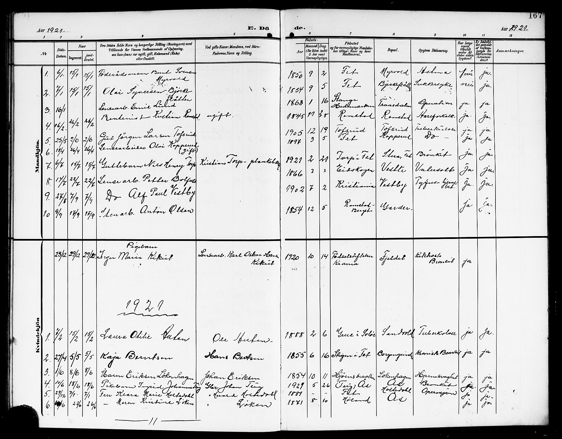 Fet prestekontor Kirkebøker, SAO/A-10370a/G/Ga/L0008: Parish register (copy) no. I 8, 1907-1920, p. 167