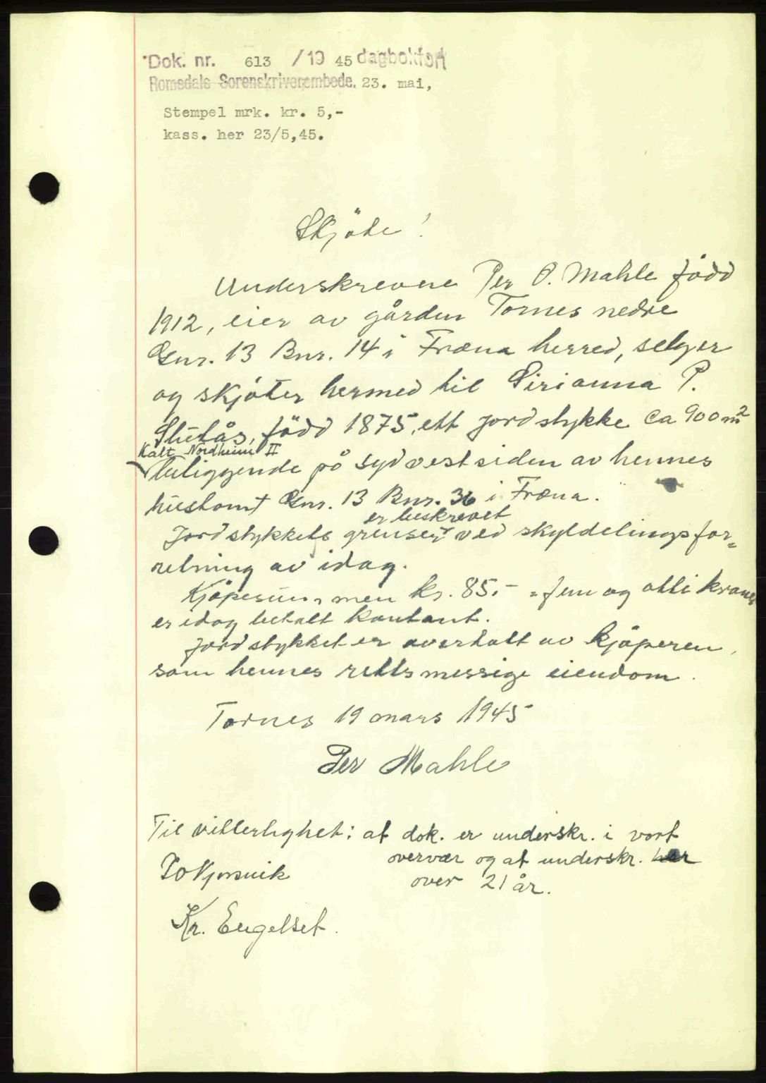 Romsdal sorenskriveri, AV/SAT-A-4149/1/2/2C: Mortgage book no. A17, 1944-1945, Diary no: : 613/1945