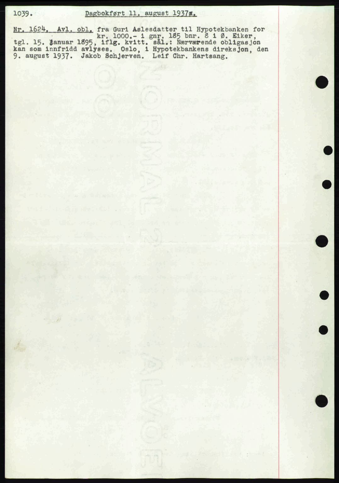 Eiker, Modum og Sigdal sorenskriveri, SAKO/A-123/G/Ga/Gab/L0035: Mortgage book no. A5, 1937-1937, Diary no: : 1624/1937