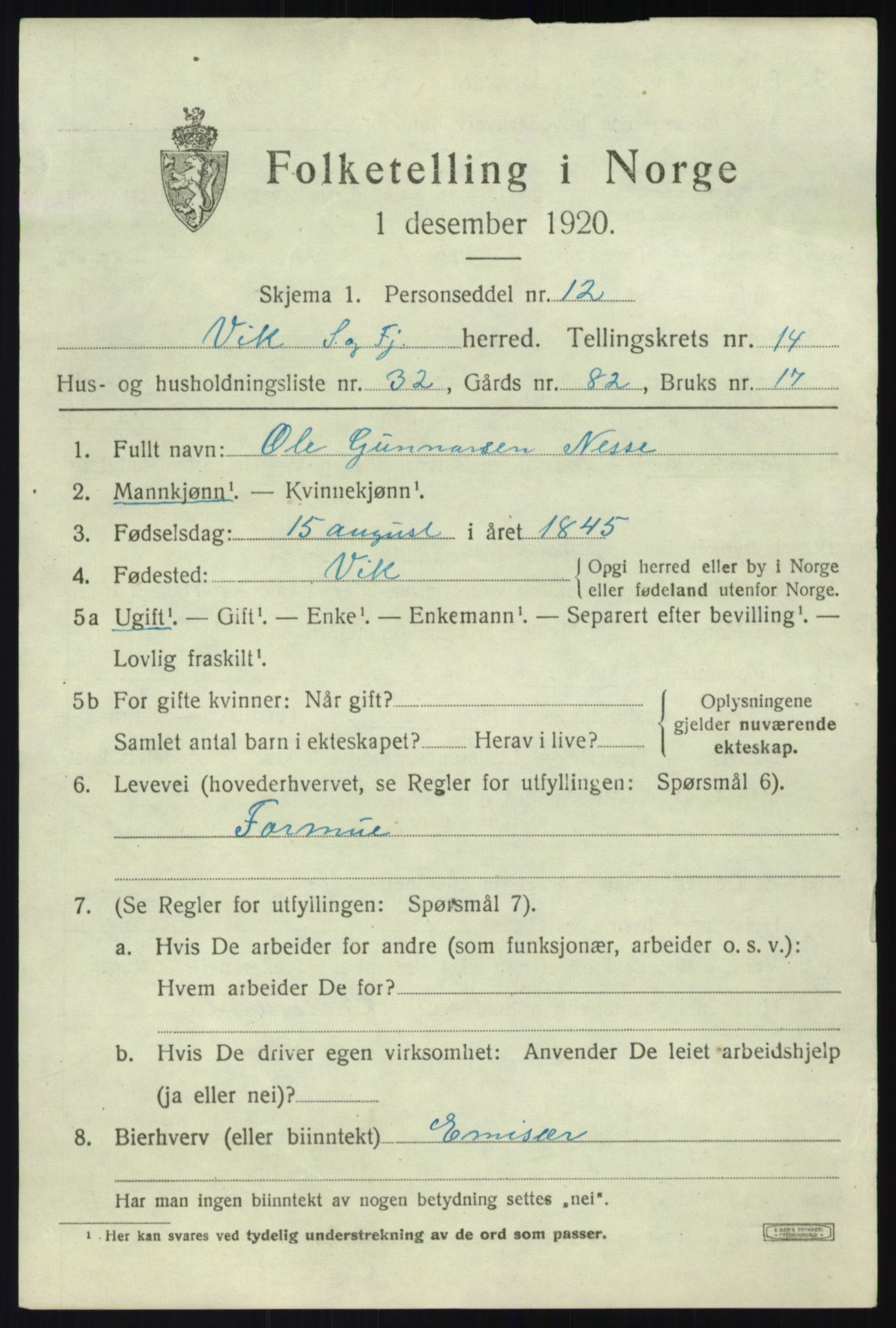 SAB, 1920 census for Vik, 1920, p. 7717