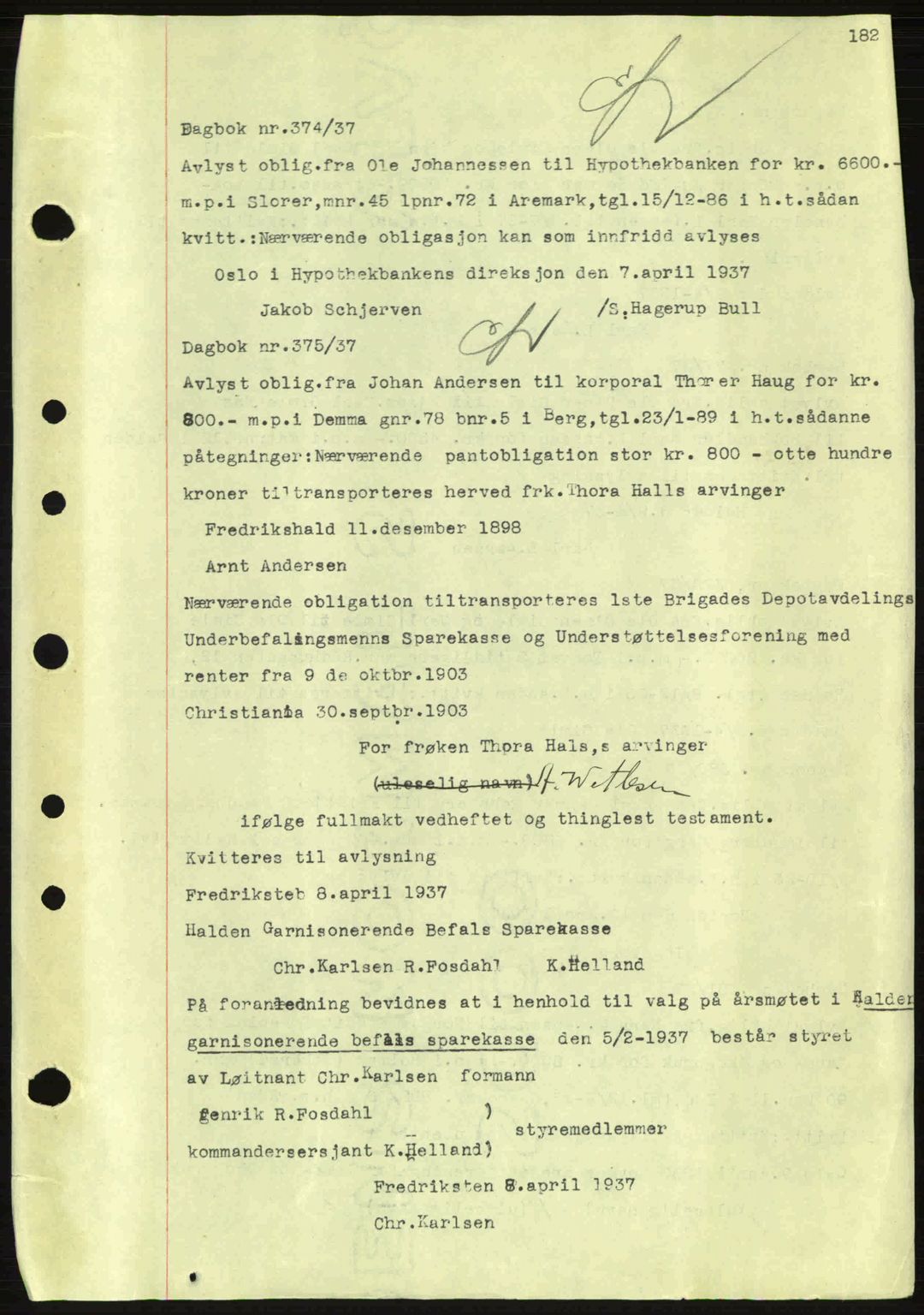 Idd og Marker sorenskriveri, AV/SAO-A-10283/G/Gb/Gbc/L0001: Mortgage book no. B1-3, 1936-1939, Diary no: : 374/1937