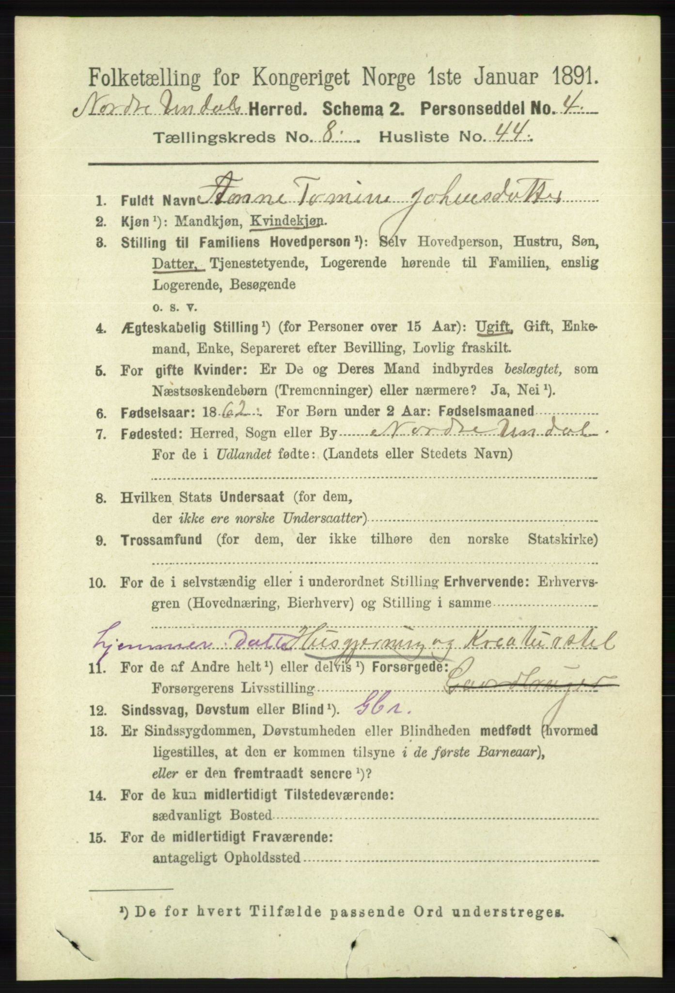 RA, 1891 census for 1028 Nord-Audnedal, 1891, p. 2300