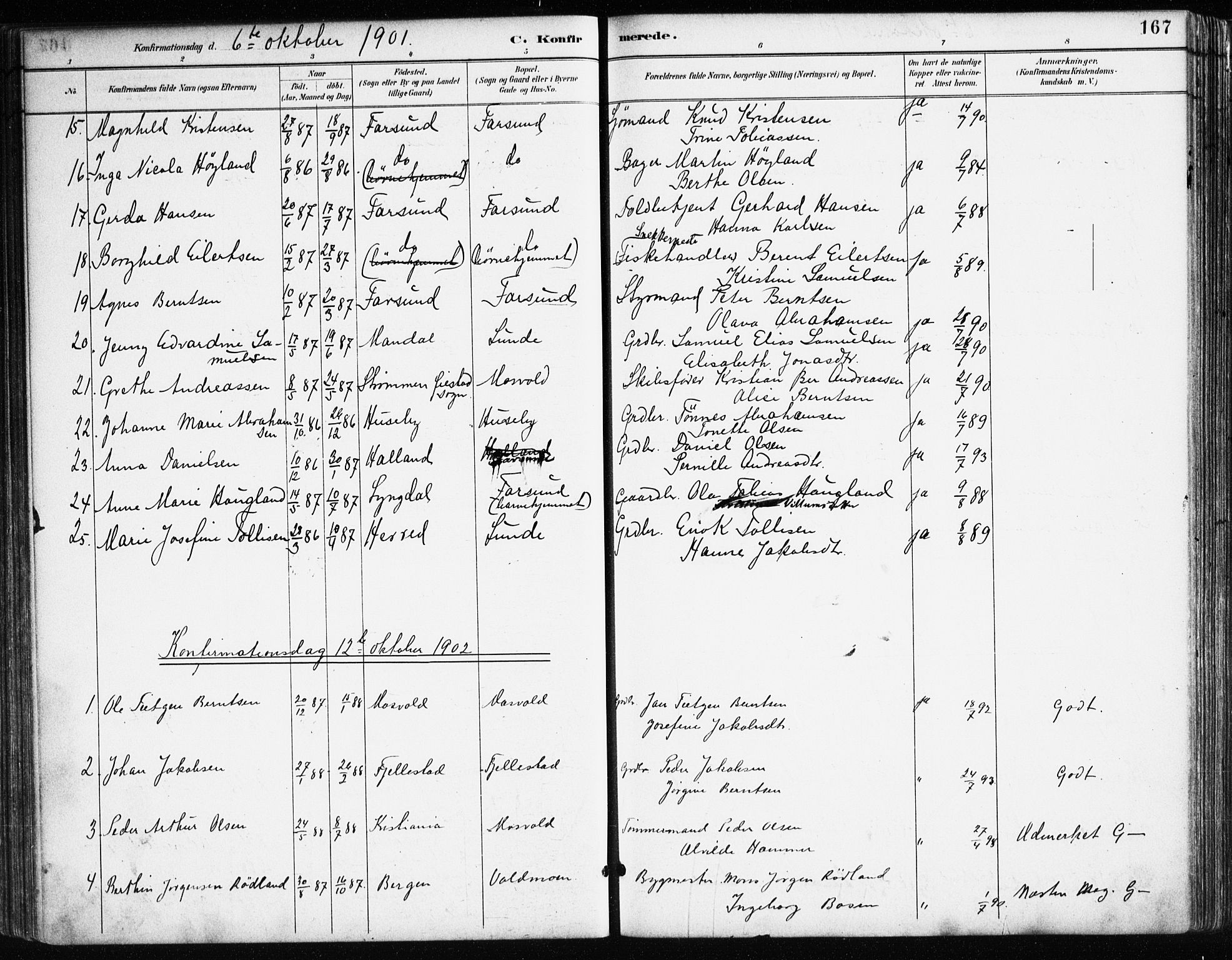 Farsund sokneprestkontor, SAK/1111-0009/F/Fa/L0006: Parish register (official) no. A 6, 1887-1920, p. 167