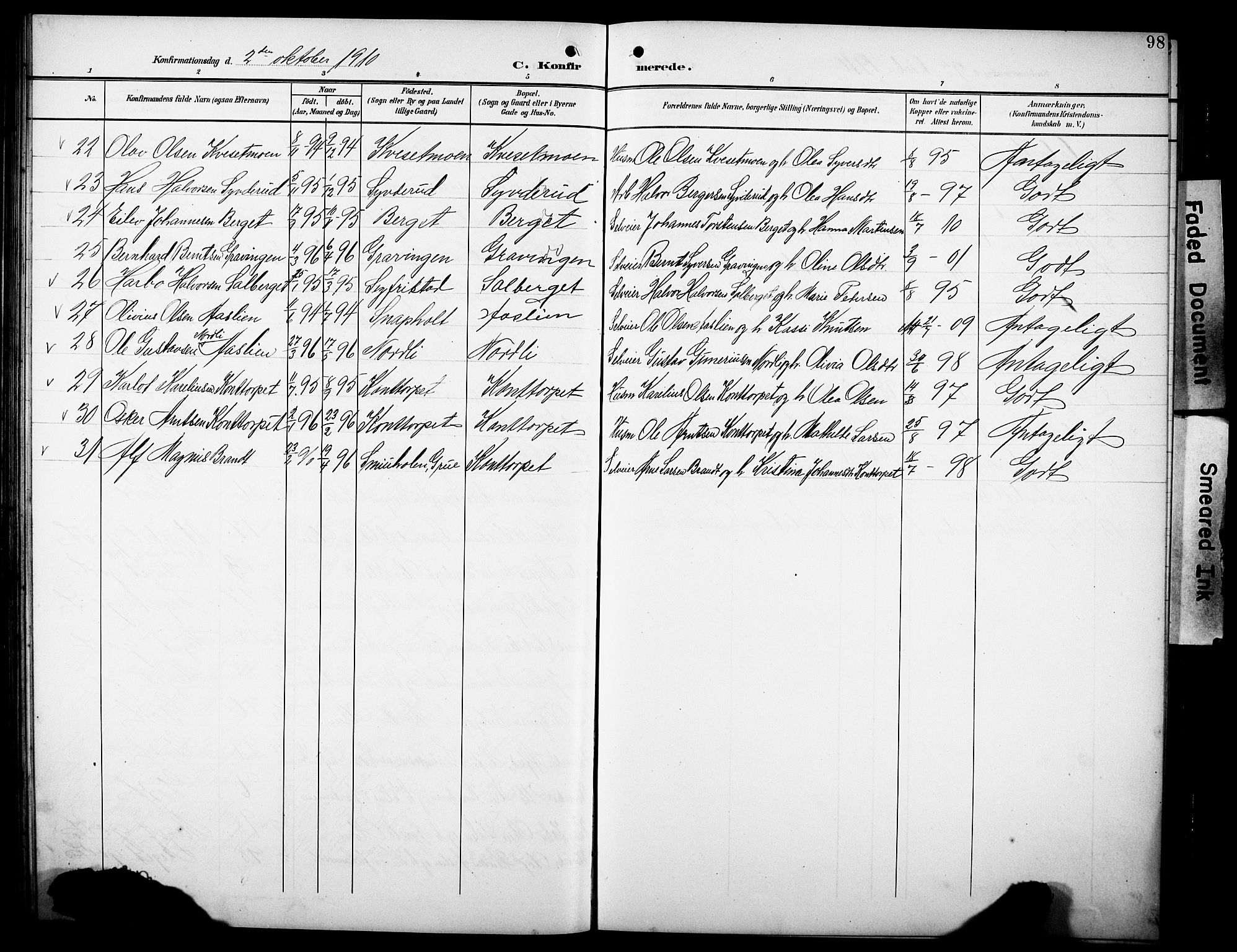 Hof prestekontor, AV/SAH-PREST-038/H/Ha/Hab/L0005: Parish register (copy) no. 5, 1899-1916, p. 98