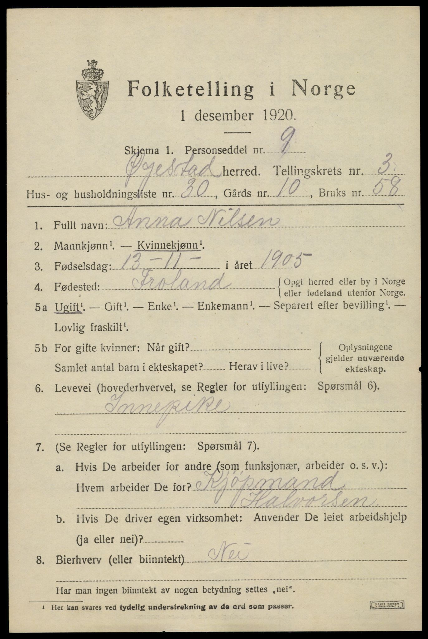 SAK, 1920 census for Øyestad, 1920, p. 3000