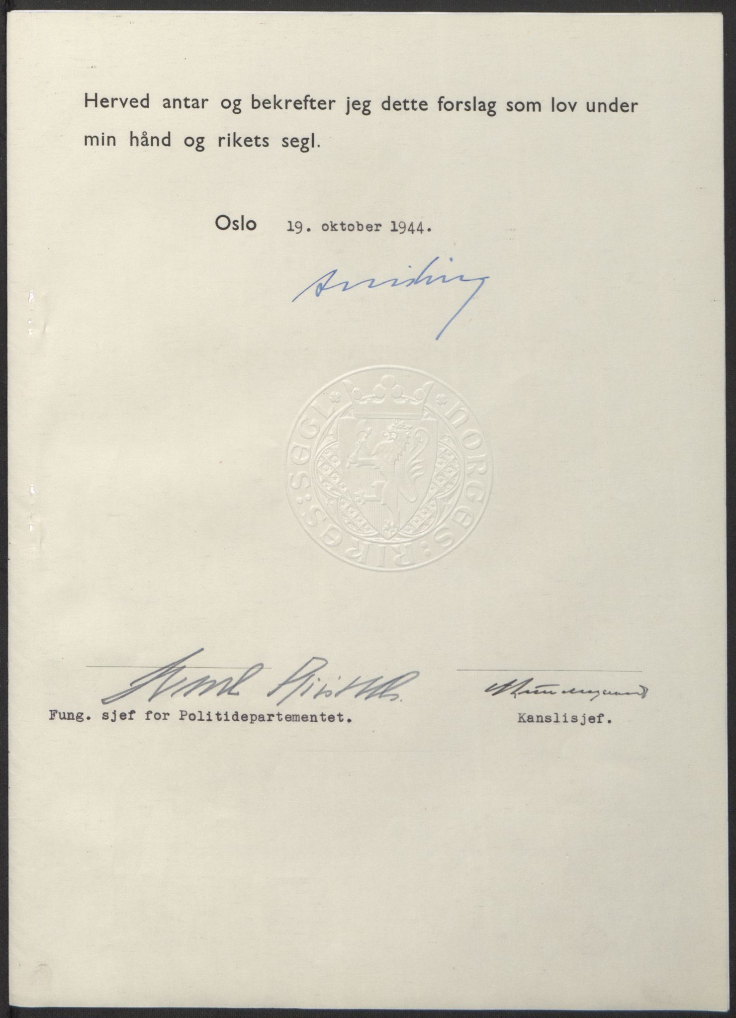 NS-administrasjonen 1940-1945 (Statsrådsekretariatet, de kommisariske statsråder mm), RA/S-4279/D/Db/L0100: Lover, 1944, p. 524