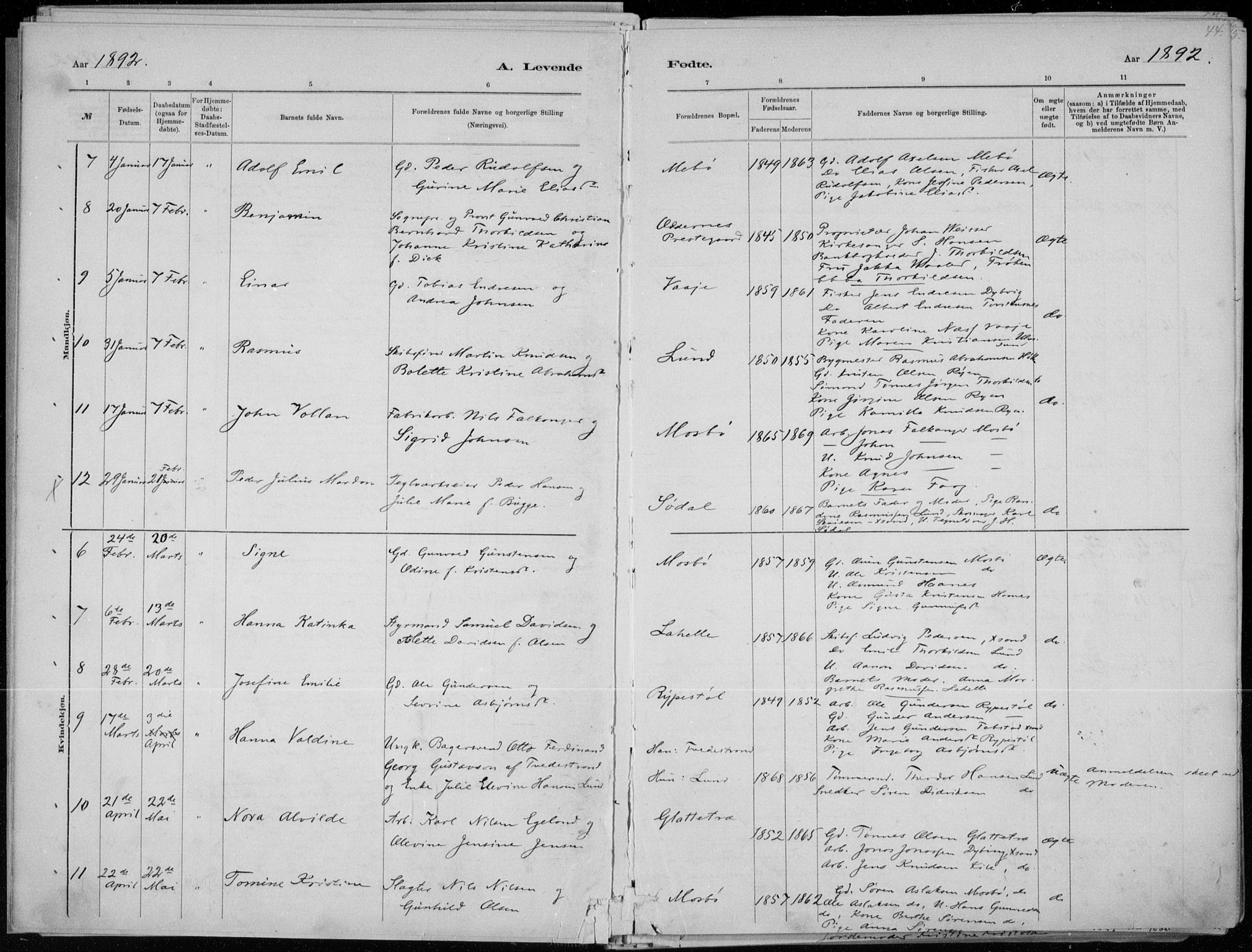 Oddernes sokneprestkontor, SAK/1111-0033/F/Fa/Faa/L0009: Parish register (official) no. A 9, 1884-1896, p. 44