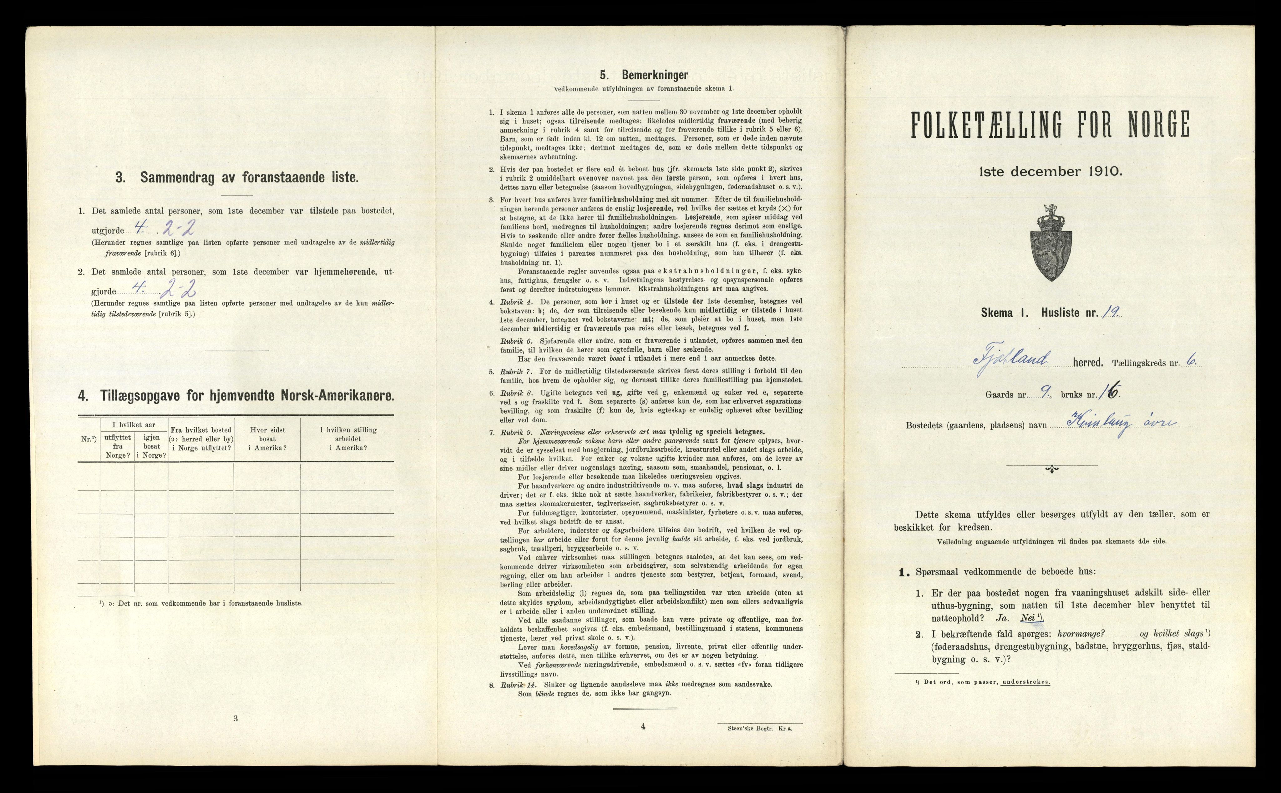 RA, 1910 census for Fjotland, 1910, p. 280