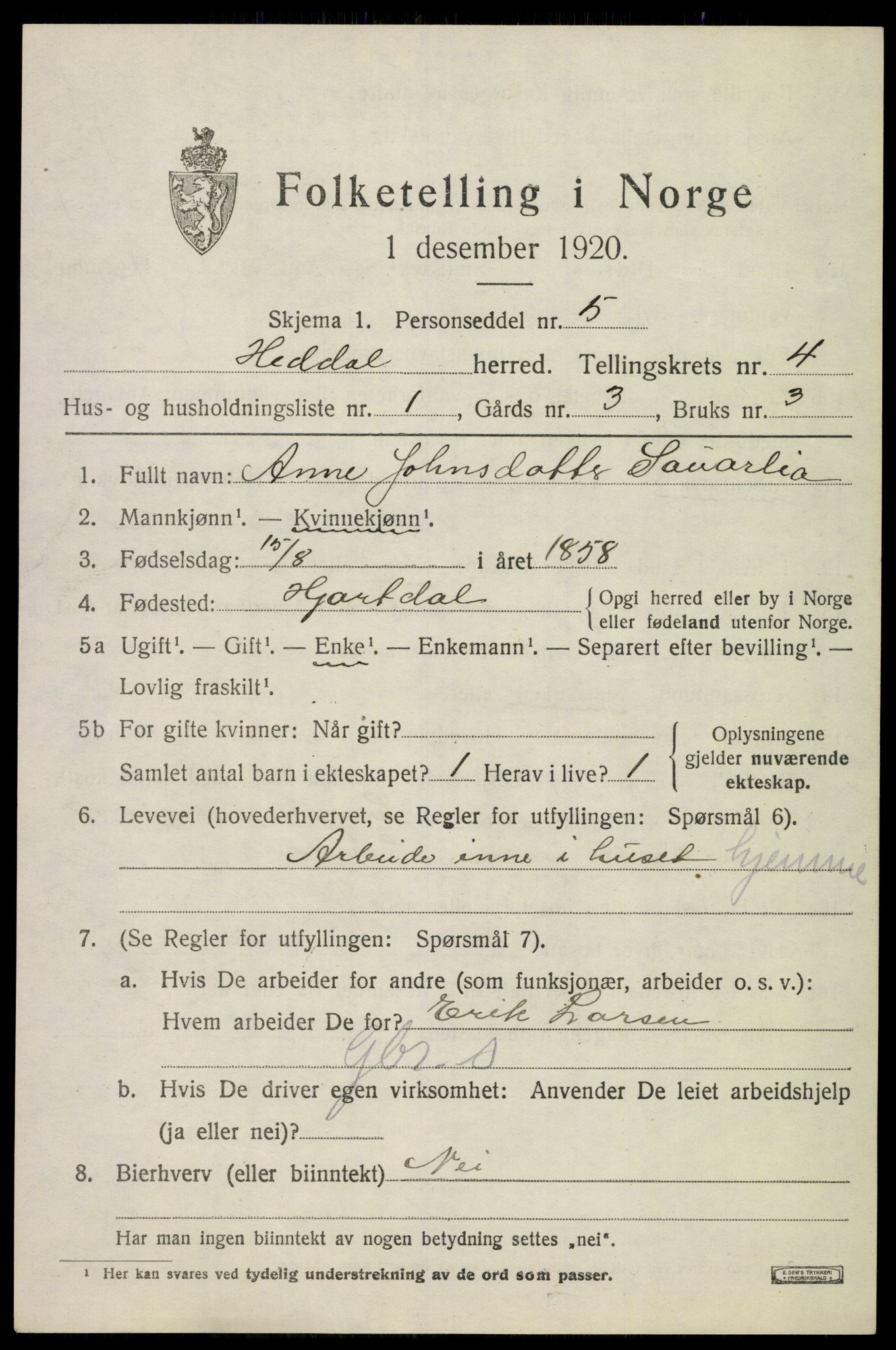 SAKO, 1920 census for Heddal, 1920, p. 4456