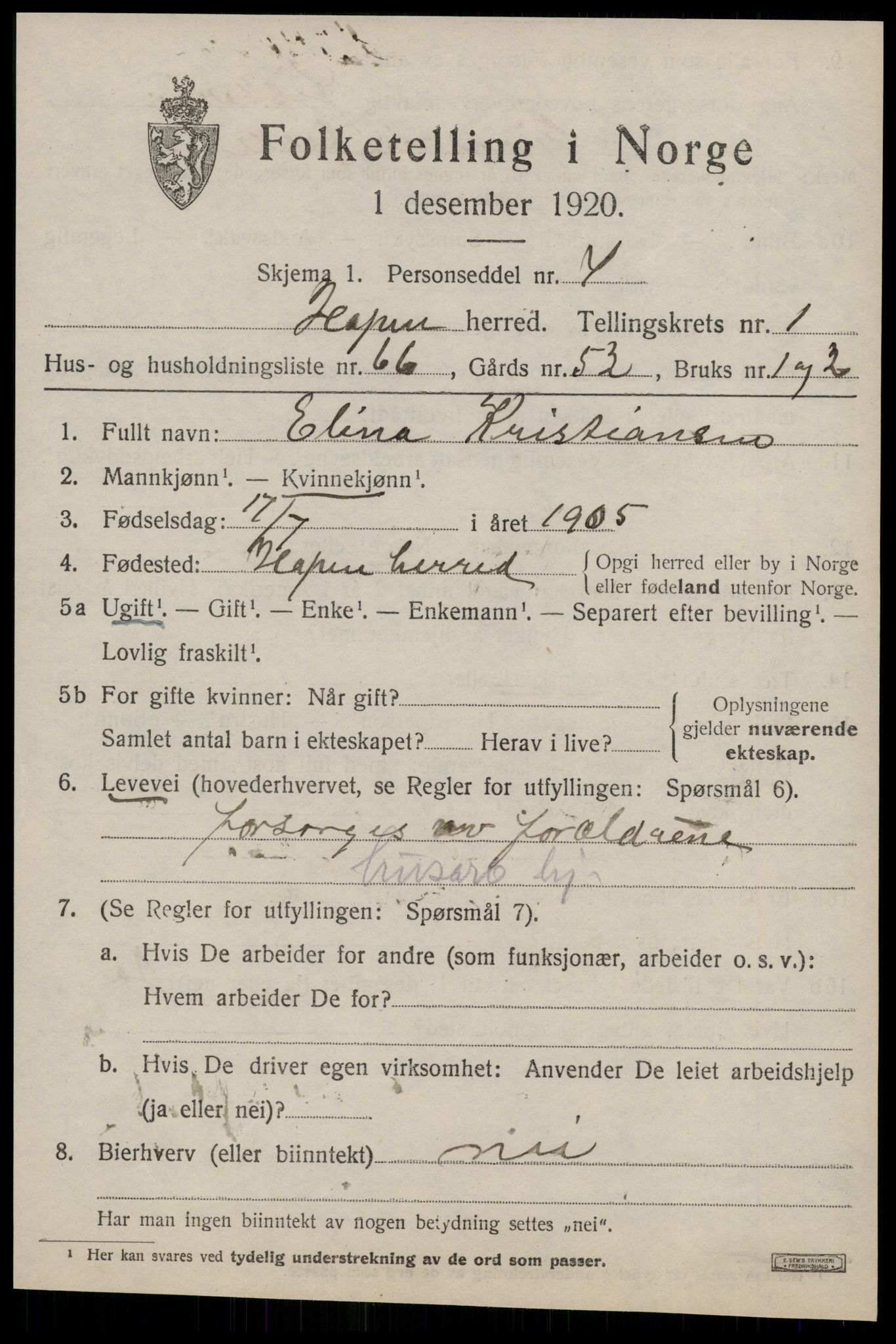 SAT, 1920 census for Hopen, 1920, p. 1264