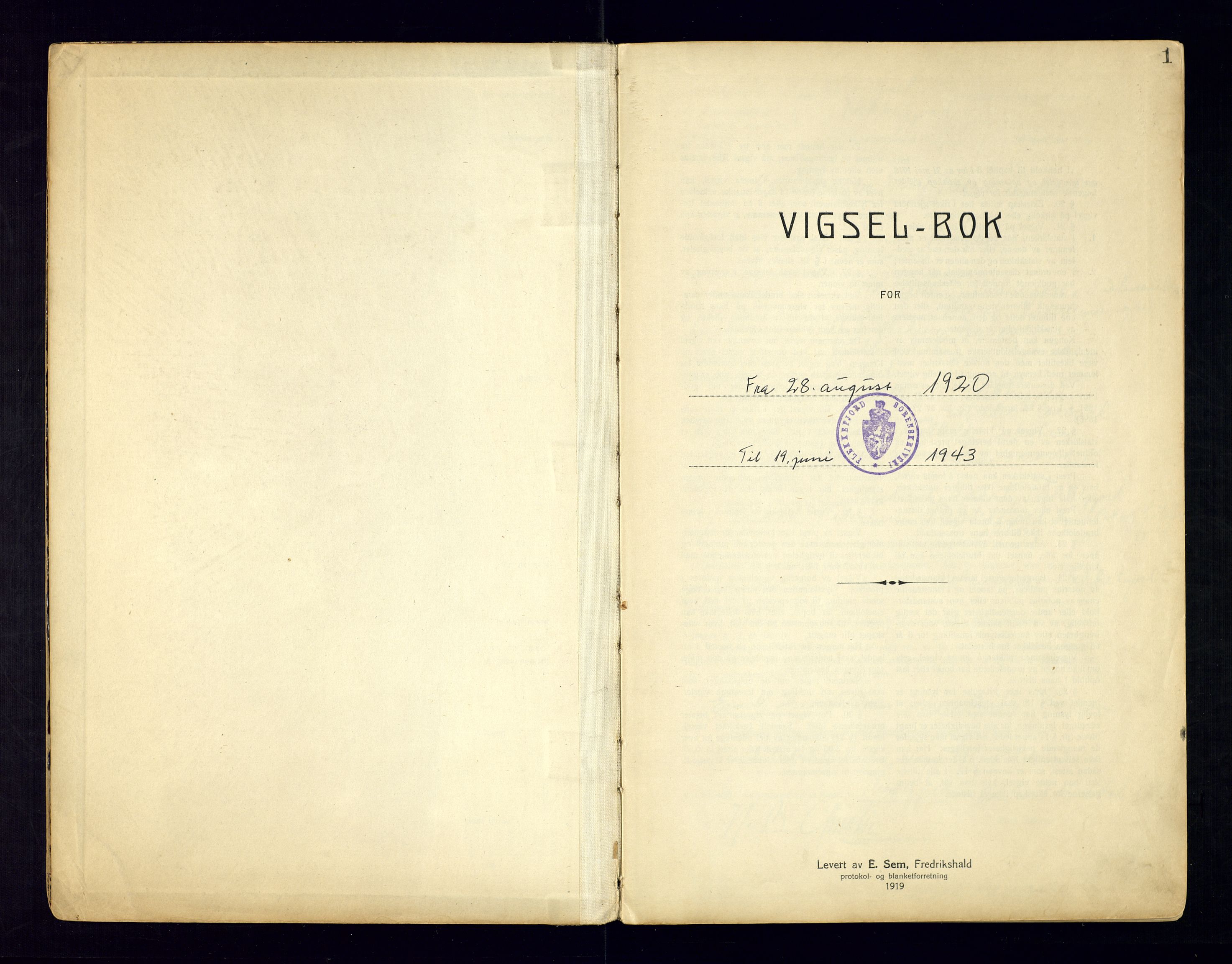 Flekkefjord sorenskriveri, SAK/1221-0001/L/Ld/L0001/0002: Lysings- og vigselprotokoller / Vigselprotokoll, 1920-1943, p. 1