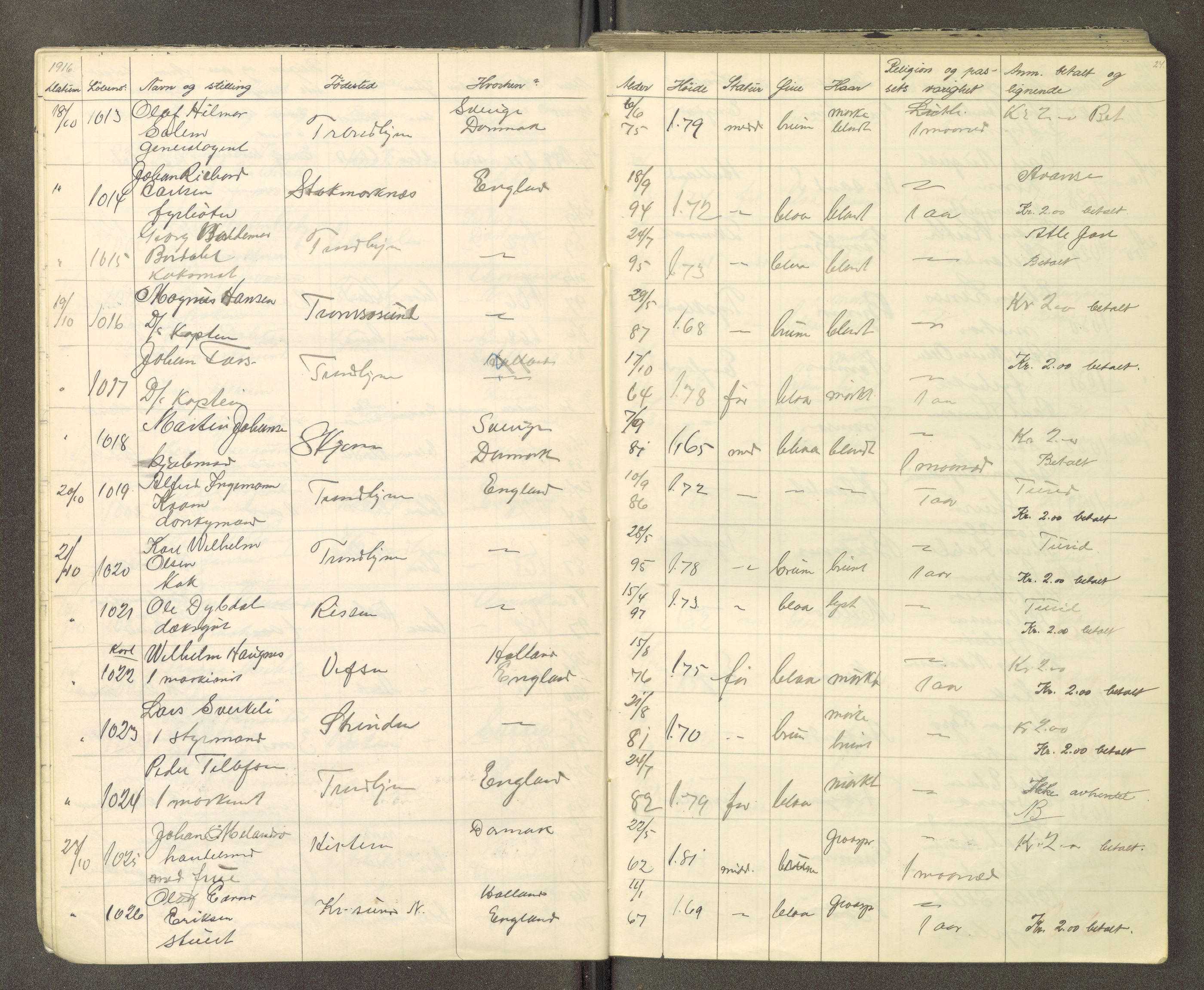 Trondheim politikammer, AV/SAT-A-1887/1/30/L0015: Passprotokoll. Utstedte pass, 1916-1918, p. 24