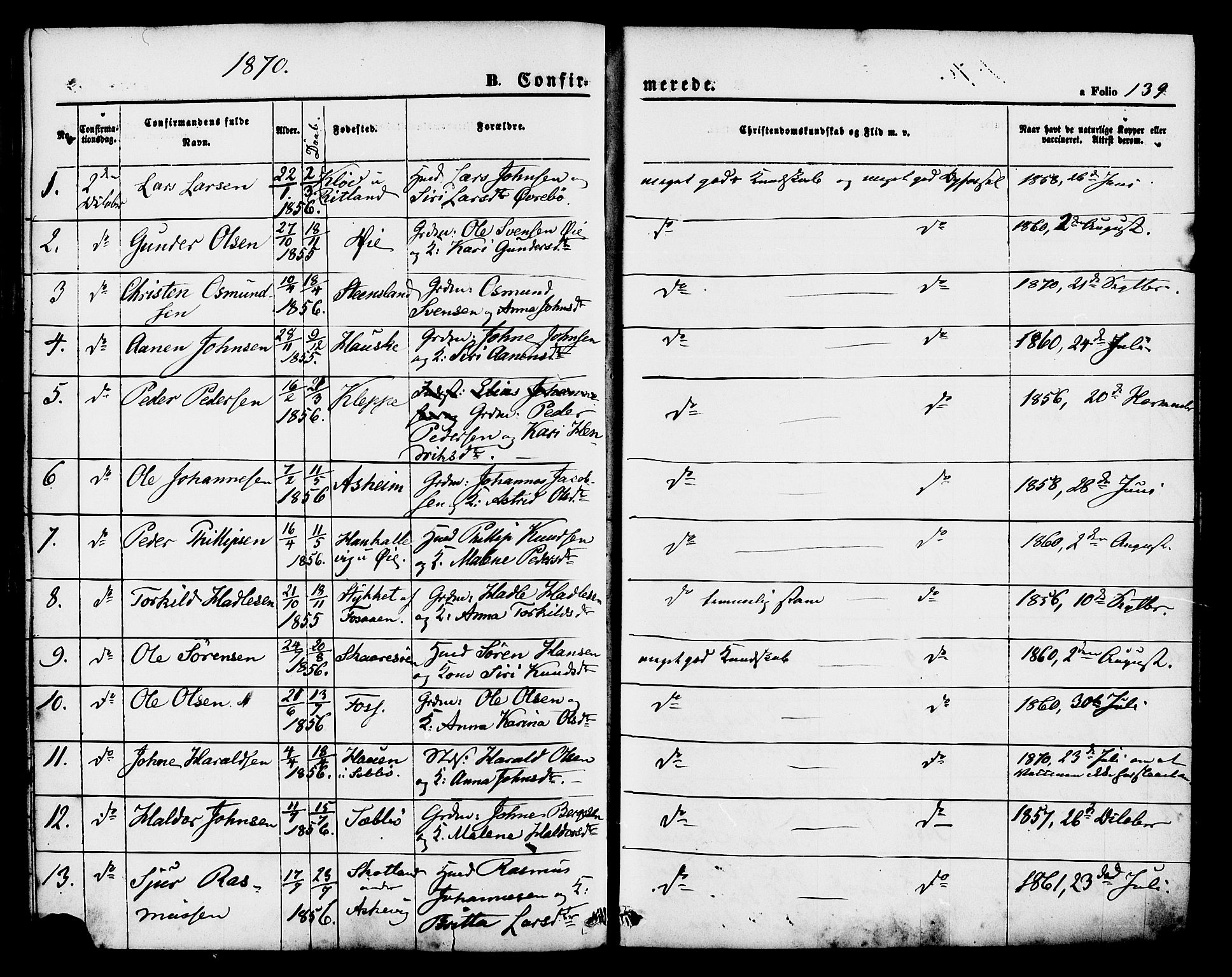 Hjelmeland sokneprestkontor, SAST/A-101843/01/IV/L0011: Parish register (official) no. A 11, 1861-1878, p. 139