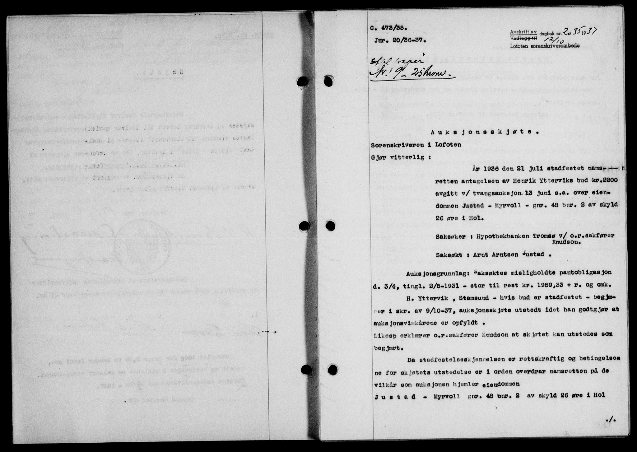 Lofoten sorenskriveri, SAT/A-0017/1/2/2C/L0003a: Mortgage book no. 3a, 1937-1938, Diary no: : 2035/1937