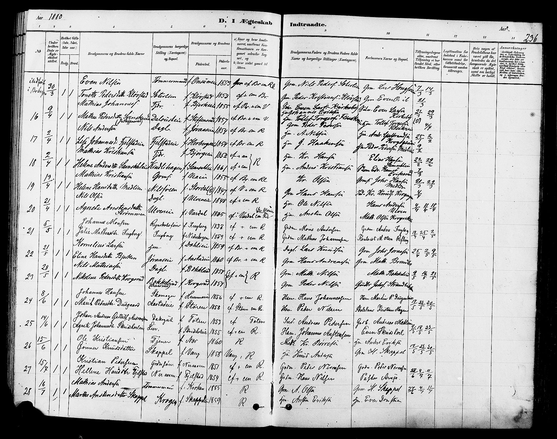 Ringsaker prestekontor, SAH/PREST-014/L/La/L0009: Parish register (copy) no. 9, 1879-1890, p. 236