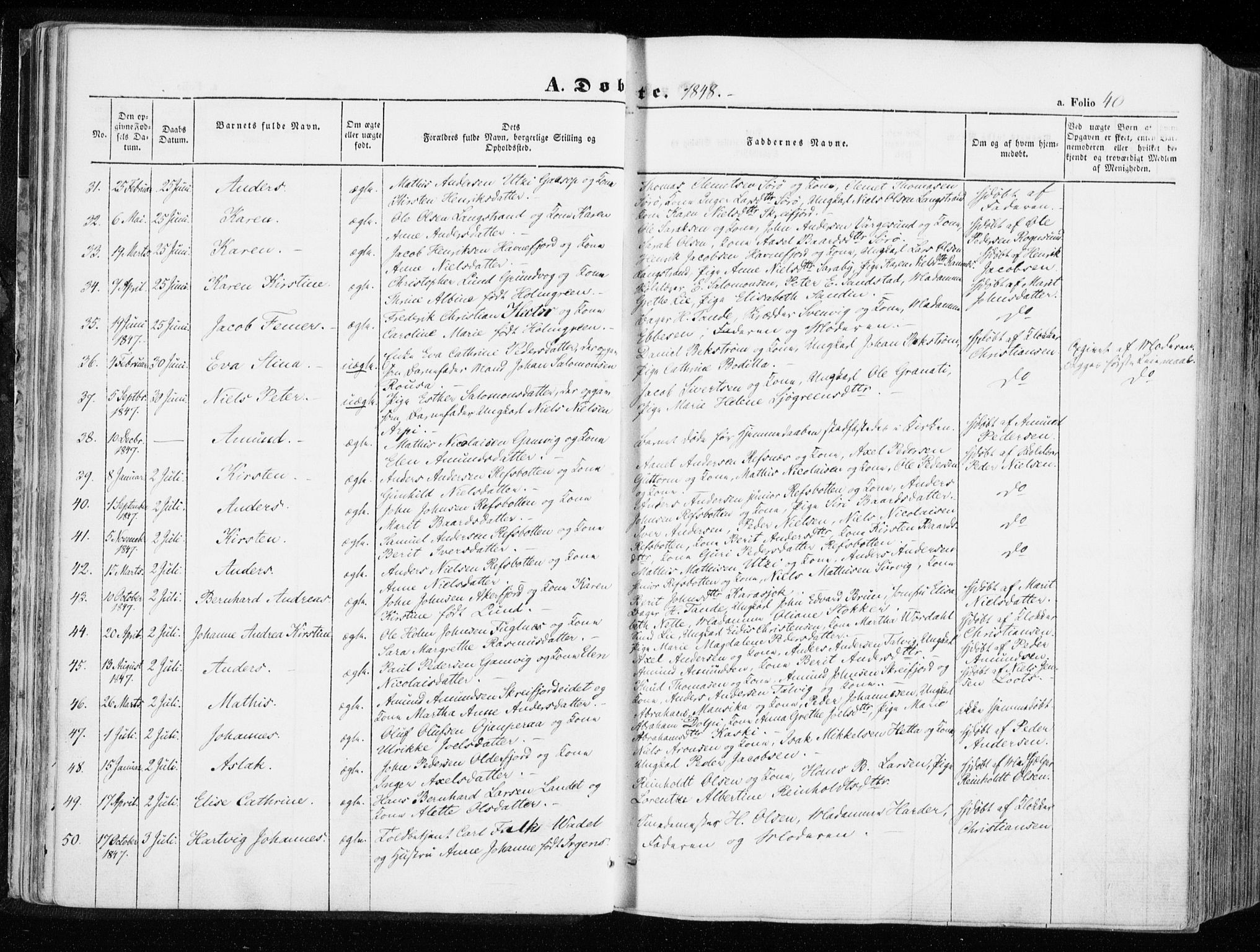 Hammerfest sokneprestkontor, SATØ/S-1347/H/Ha/L0004.kirke: Parish register (official) no. 4, 1843-1856, p. 40