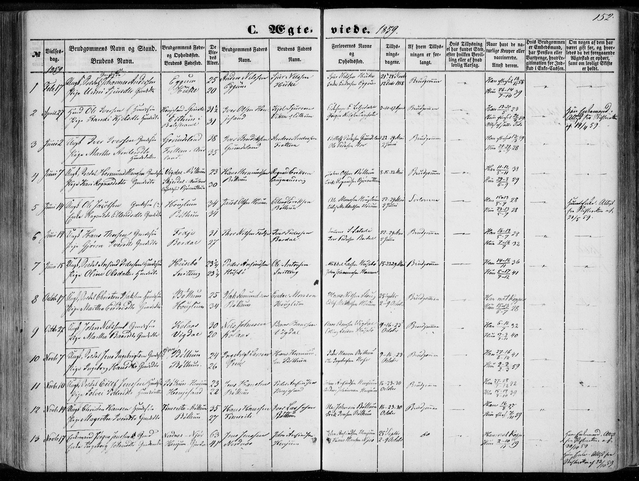Leikanger sokneprestembete, AV/SAB-A-81001/H/Haa/Haaa/L0008: Parish register (official) no. A 8, 1852-1868, p. 152