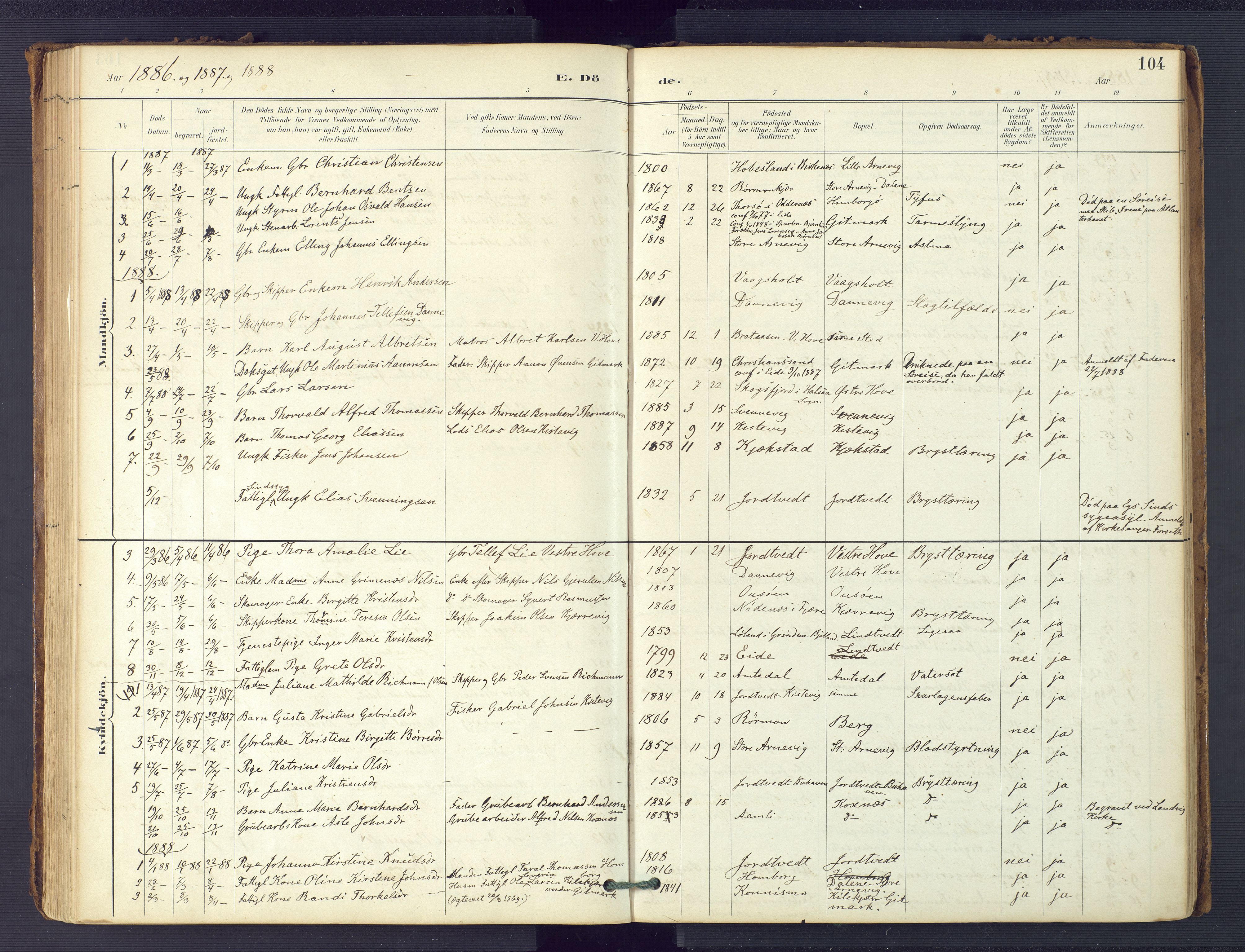 Hommedal sokneprestkontor, AV/SAK-1111-0023/F/Fa/Faa/L0003: Parish register (official) no. A 3, 1885-1916, p. 104