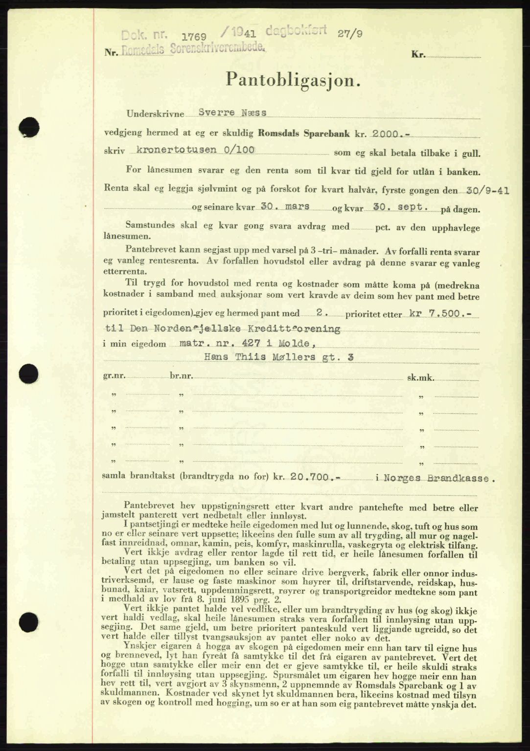 Romsdal sorenskriveri, AV/SAT-A-4149/1/2/2C: Mortgage book no. B2, 1939-1945, Diary no: : 1769/1941