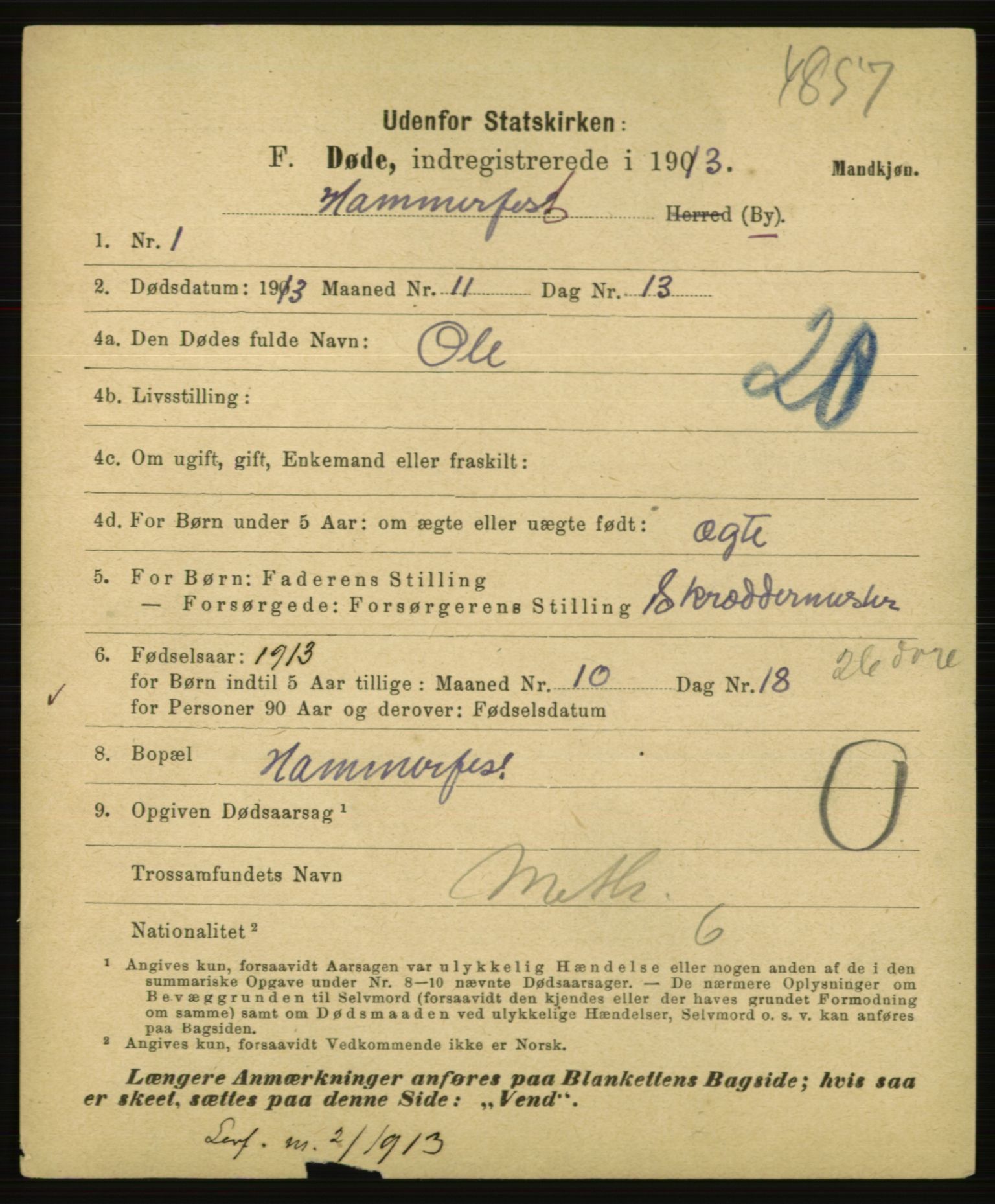 Statistisk sentralbyrå, Sosiodemografiske emner, Befolkning, AV/RA-S-2228/E/L0011: Fødte, gifte, døde dissentere., 1913, p. 3275