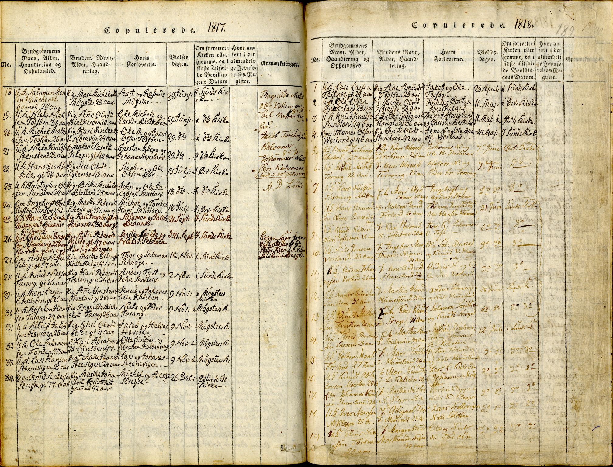 Sund sokneprestembete, SAB/A-99930: Parish register (official) no. A 11, 1814-1825, p. 189