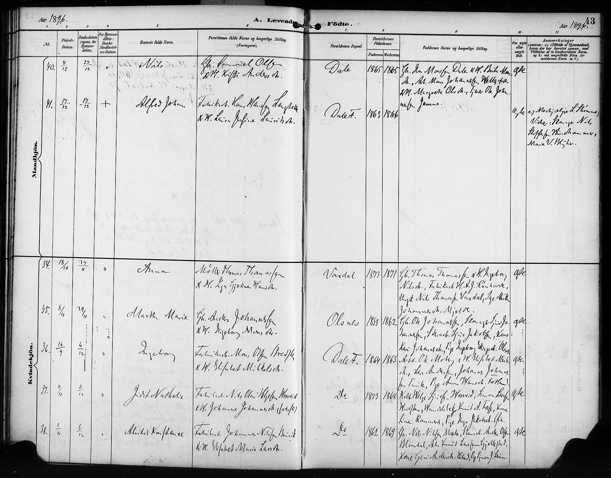 Bruvik Sokneprestembete, AV/SAB-A-74701/H/Haa: Parish register (official) no. B 2, 1893-1903, p. 43